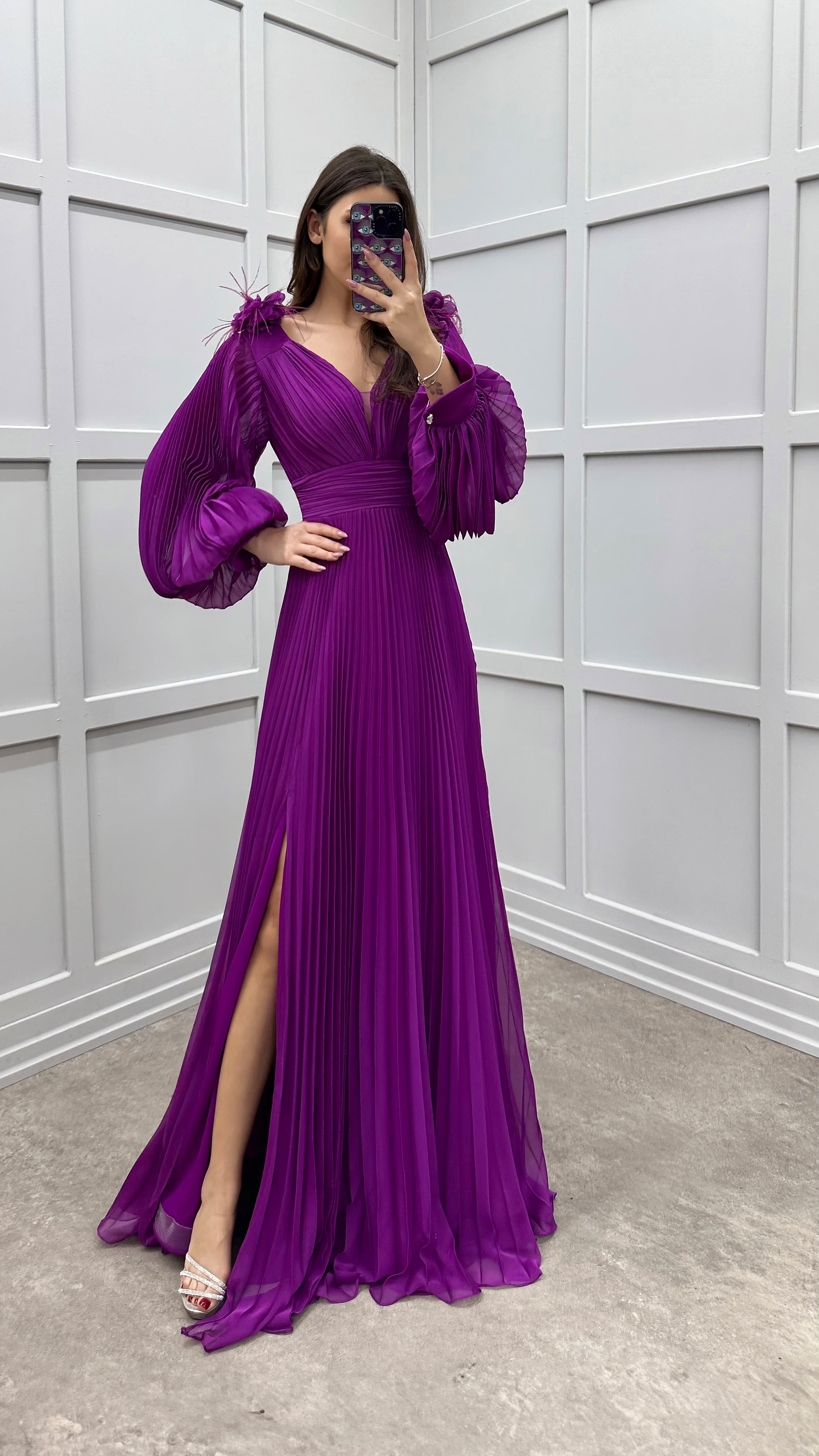 SLEEVE PLEATED SHOULDER DETAIL DESIGN DRESS