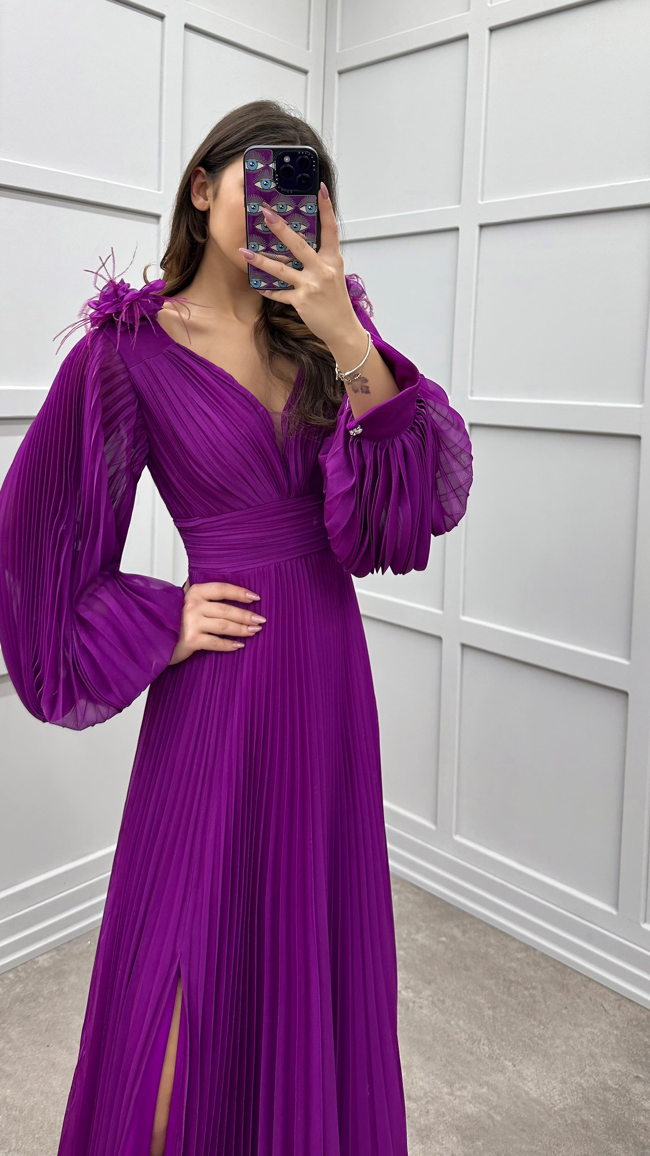 SLEEVE PLEATED SHOULDER DETAIL DESIGN DRESS