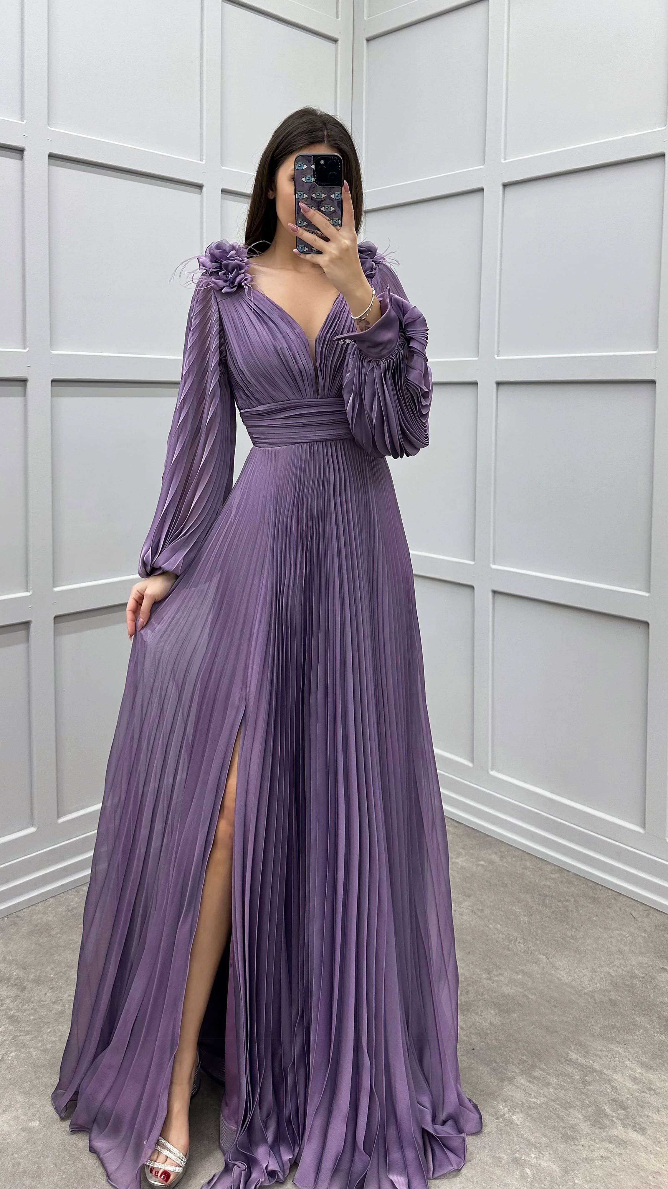 SLEEVE PLEATED SHOULDER DETAIL DESIGN DRESS