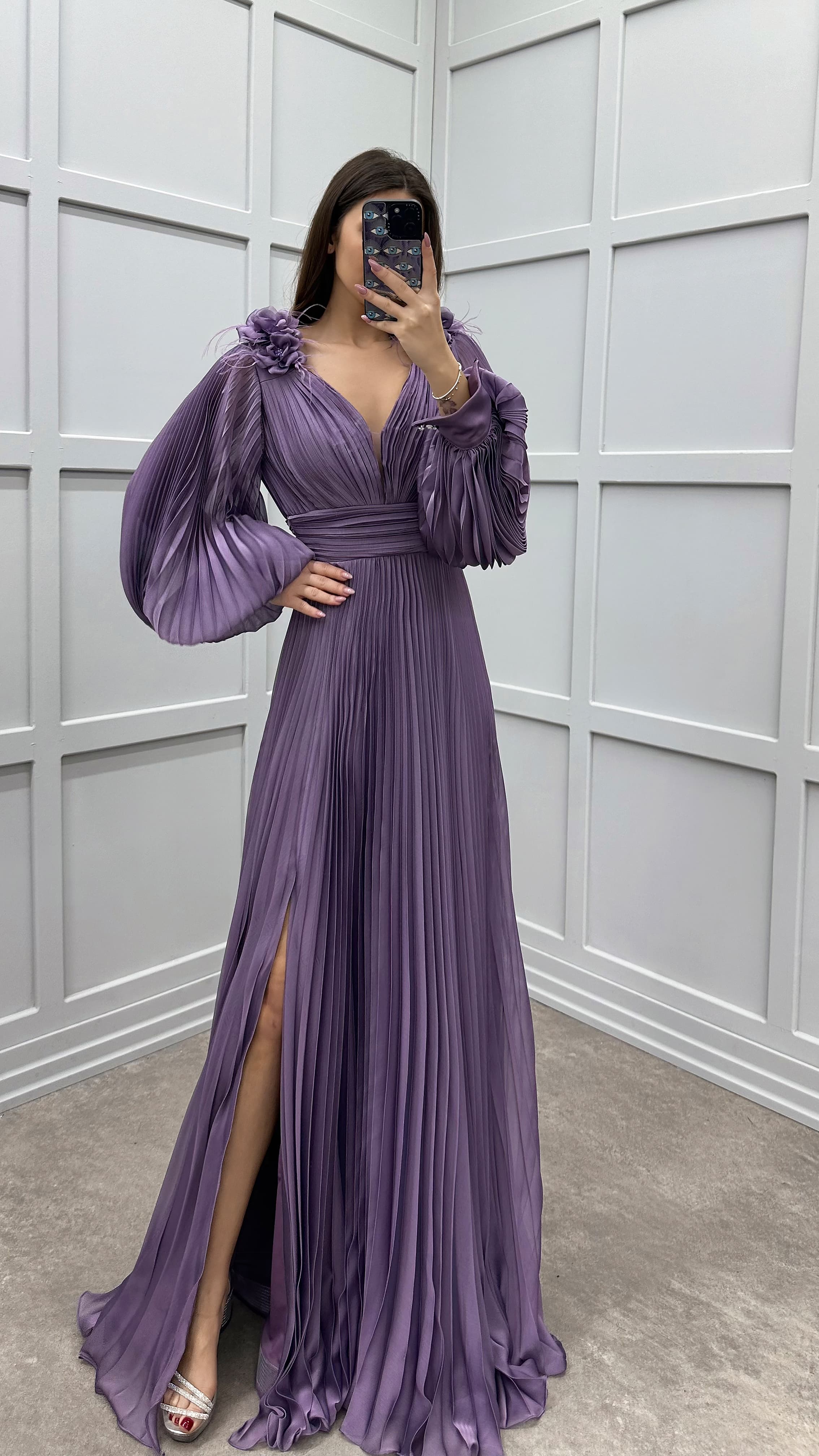 SLEEVE PLEATED SHOULDER DETAIL DESIGN DRESS