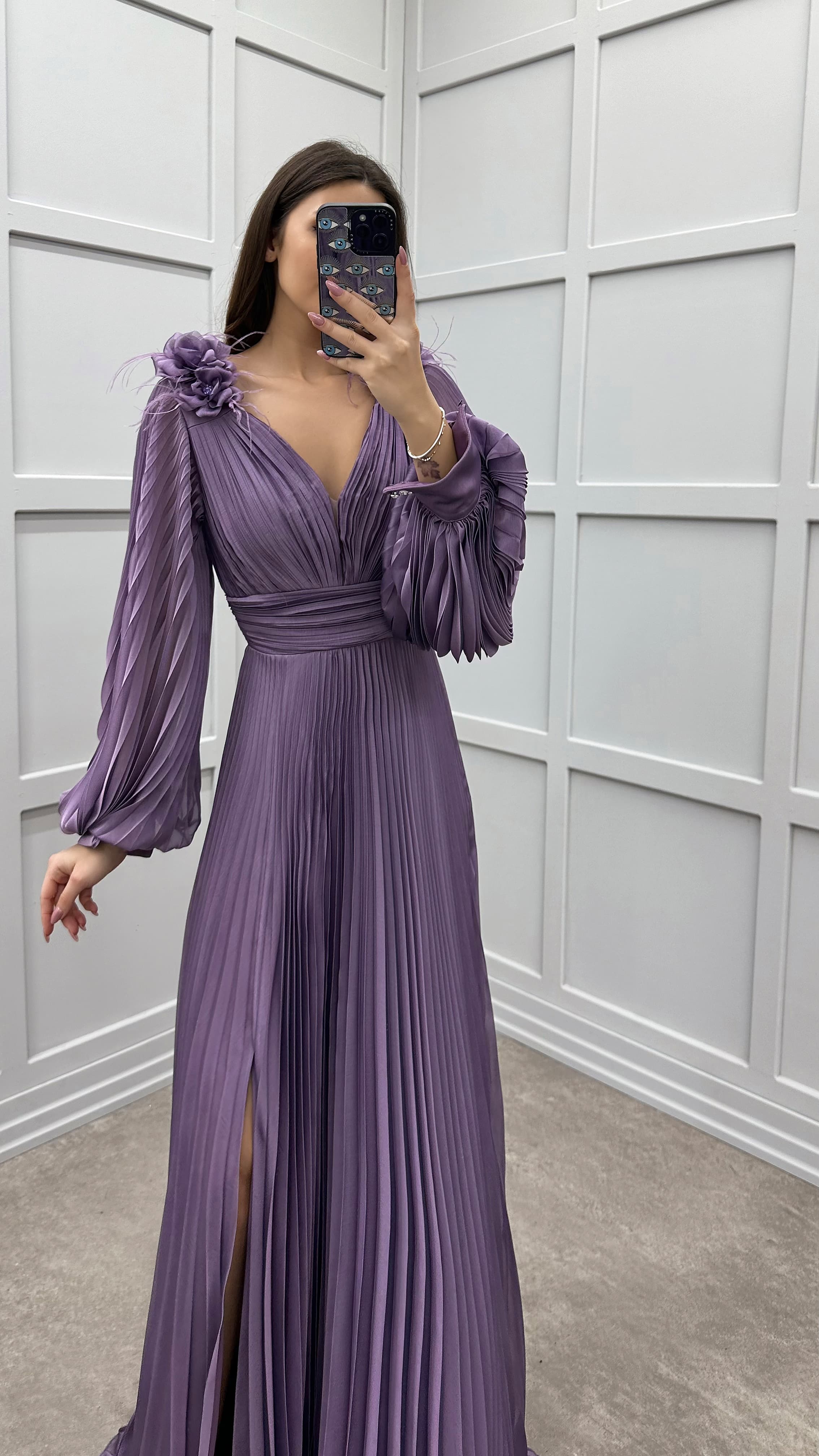 SLEEVE PLEATED SHOULDER DETAIL DESIGN DRESS