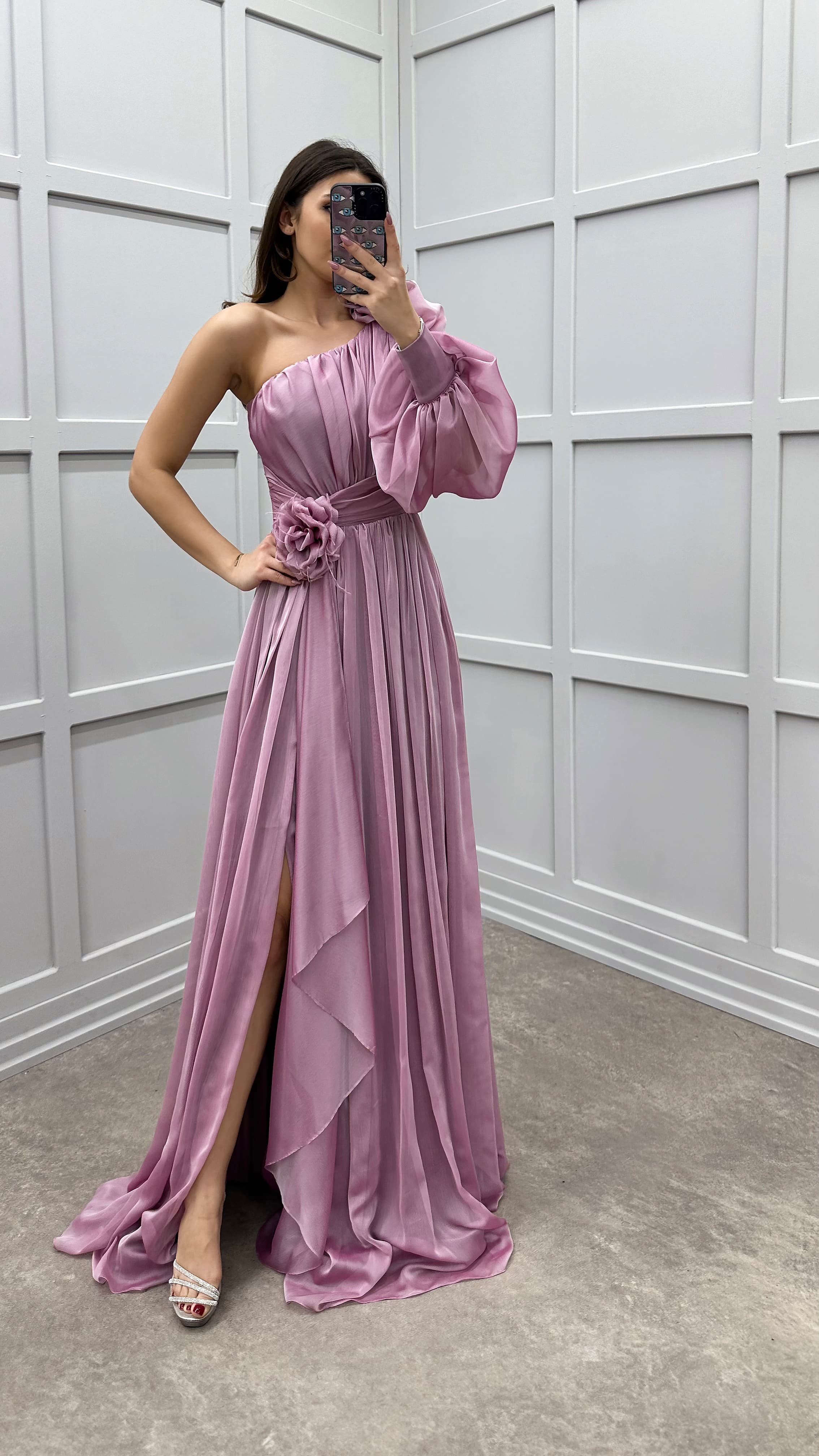 SINGLE SLEEVE SHOULDER AND WAIST ROSE DETAIL DESIGN DRESS