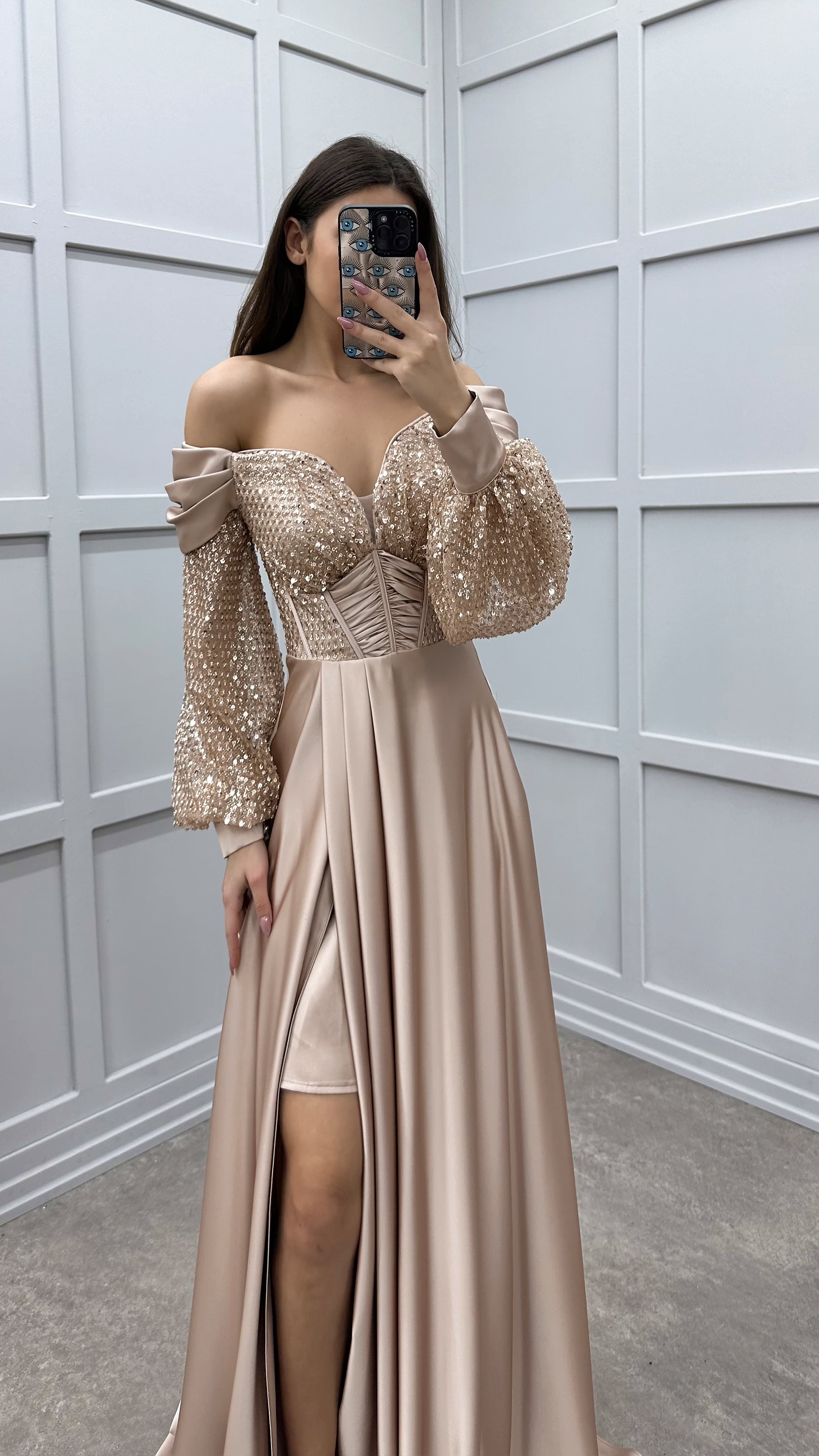 BALLOON SLEEVE CHEST SEQUIN SHOULDER DETAIL DESIGN SATIN EVENING DRESS