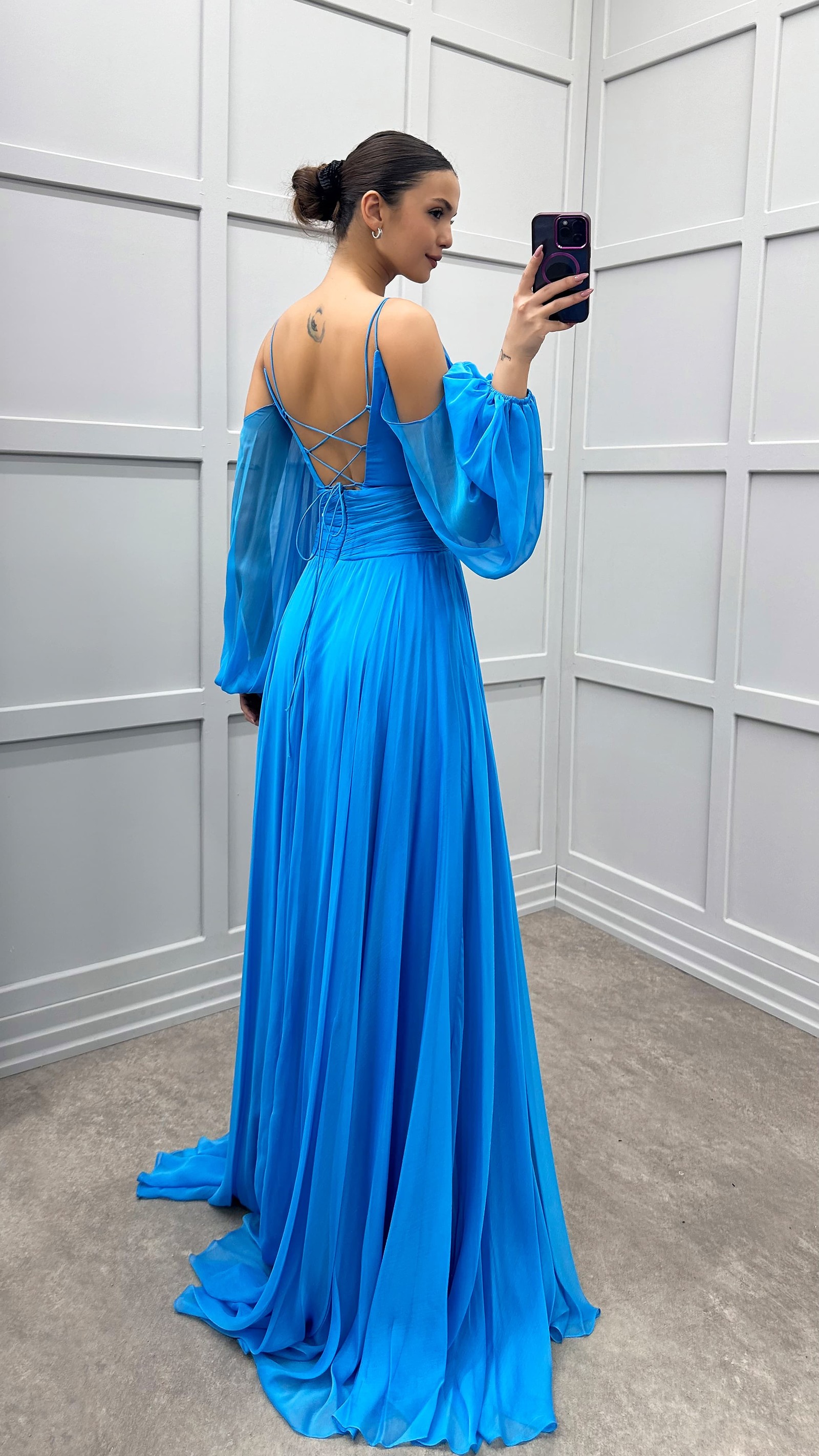 BLUE BACK ROPE BALLOON SLEEVE DESIGN CHIFFON DRESS