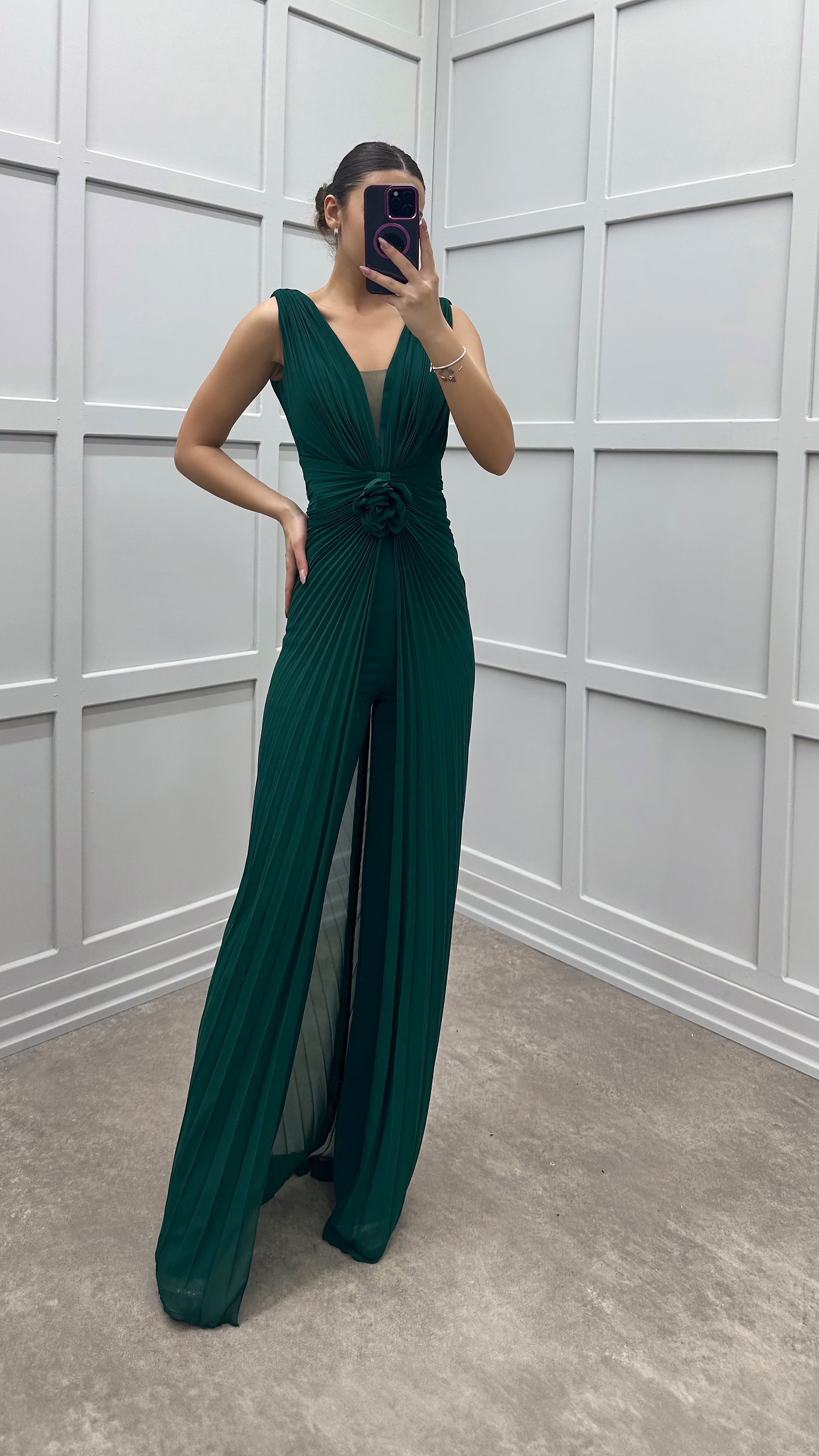 WAIST DETAIL PLEATED DESIGN EVENING DRESS JUMPSUIT