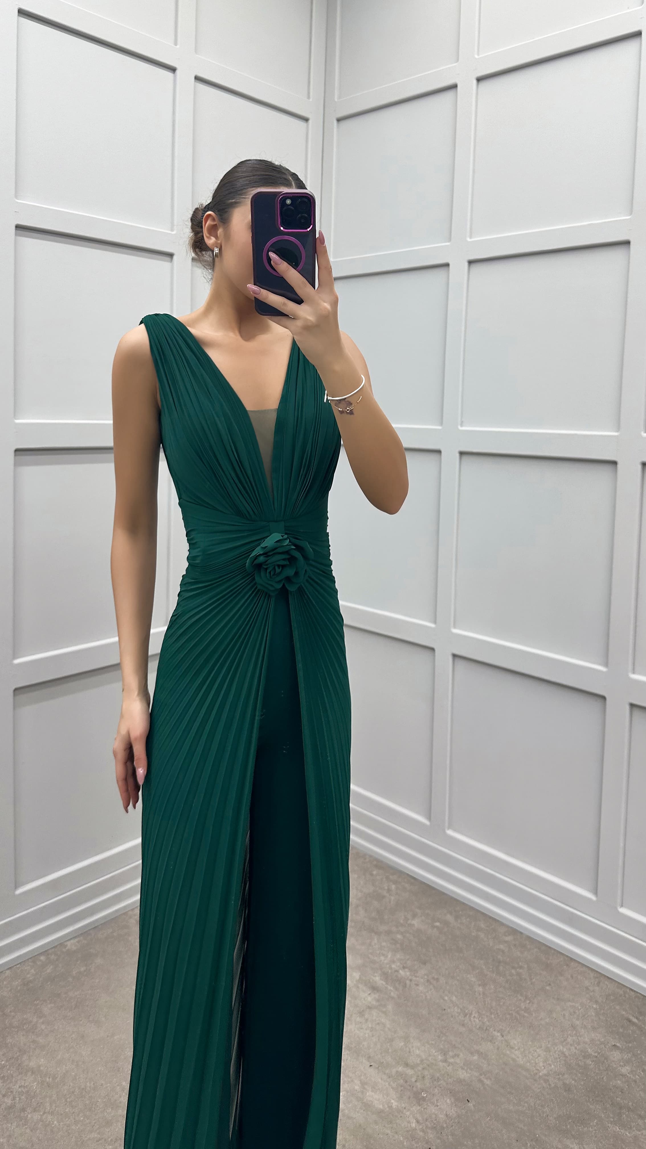 WAIST DETAIL PLEATED DESIGN EVENING DRESS JUMPSUIT