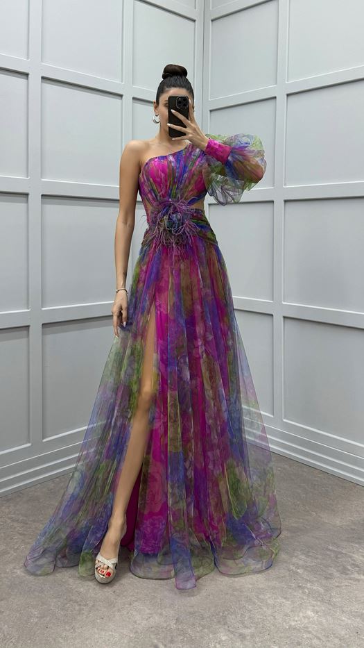 SINGLE SLEEVE WAIST ROSE DETAIL FEATHERED TULLE EVENING DRESS