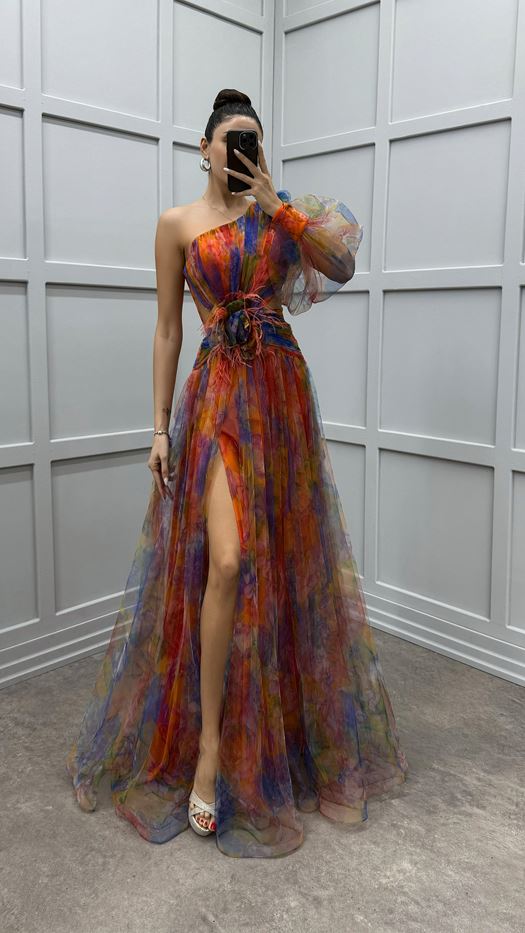 SINGLE SLEEVE WAIST ROSE DETAIL FEATHERED TULLE EVENING DRESS