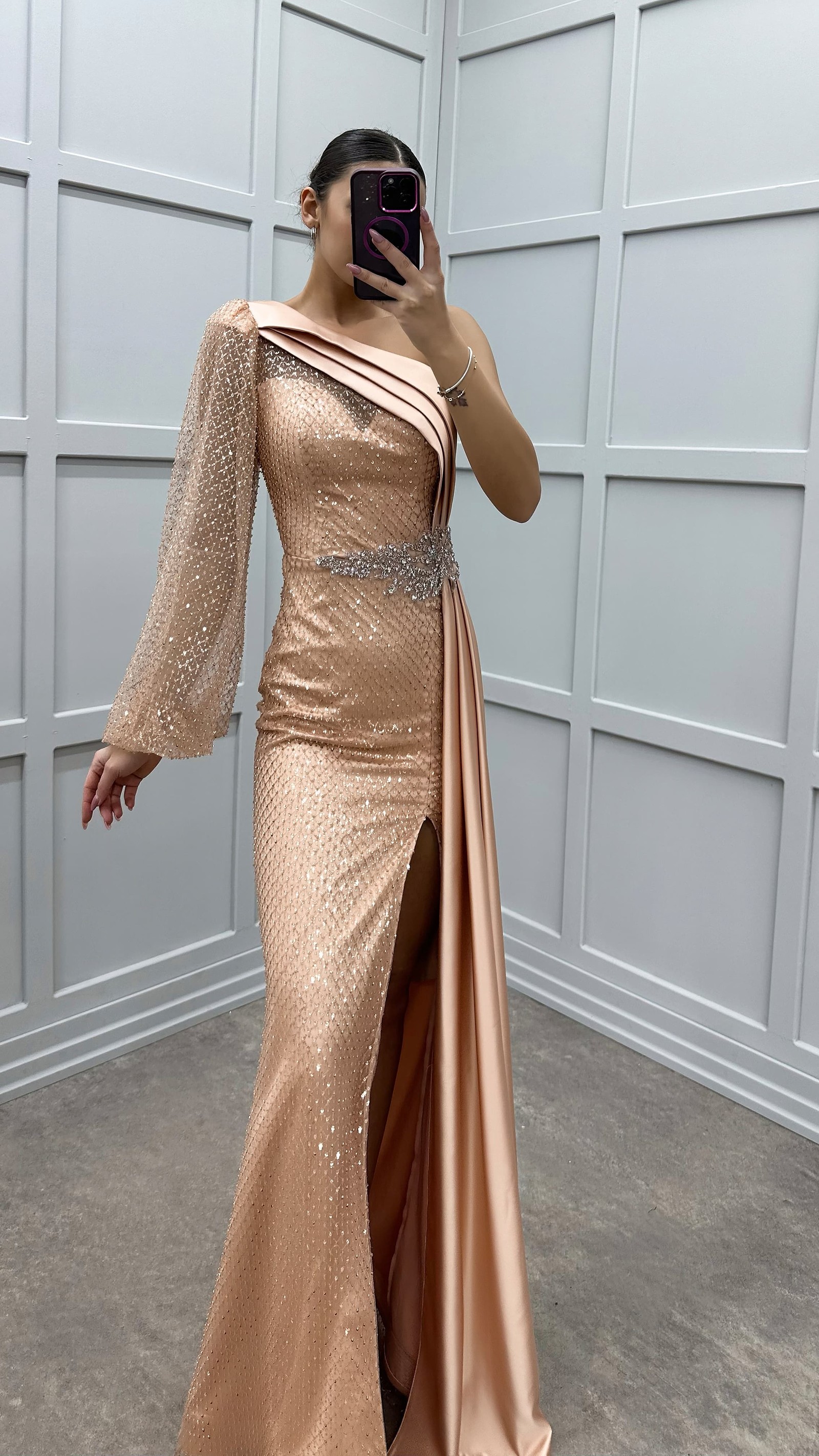 BEIGE SINGLE SLEEVE WAIST DETAIL DESIGN DRESS