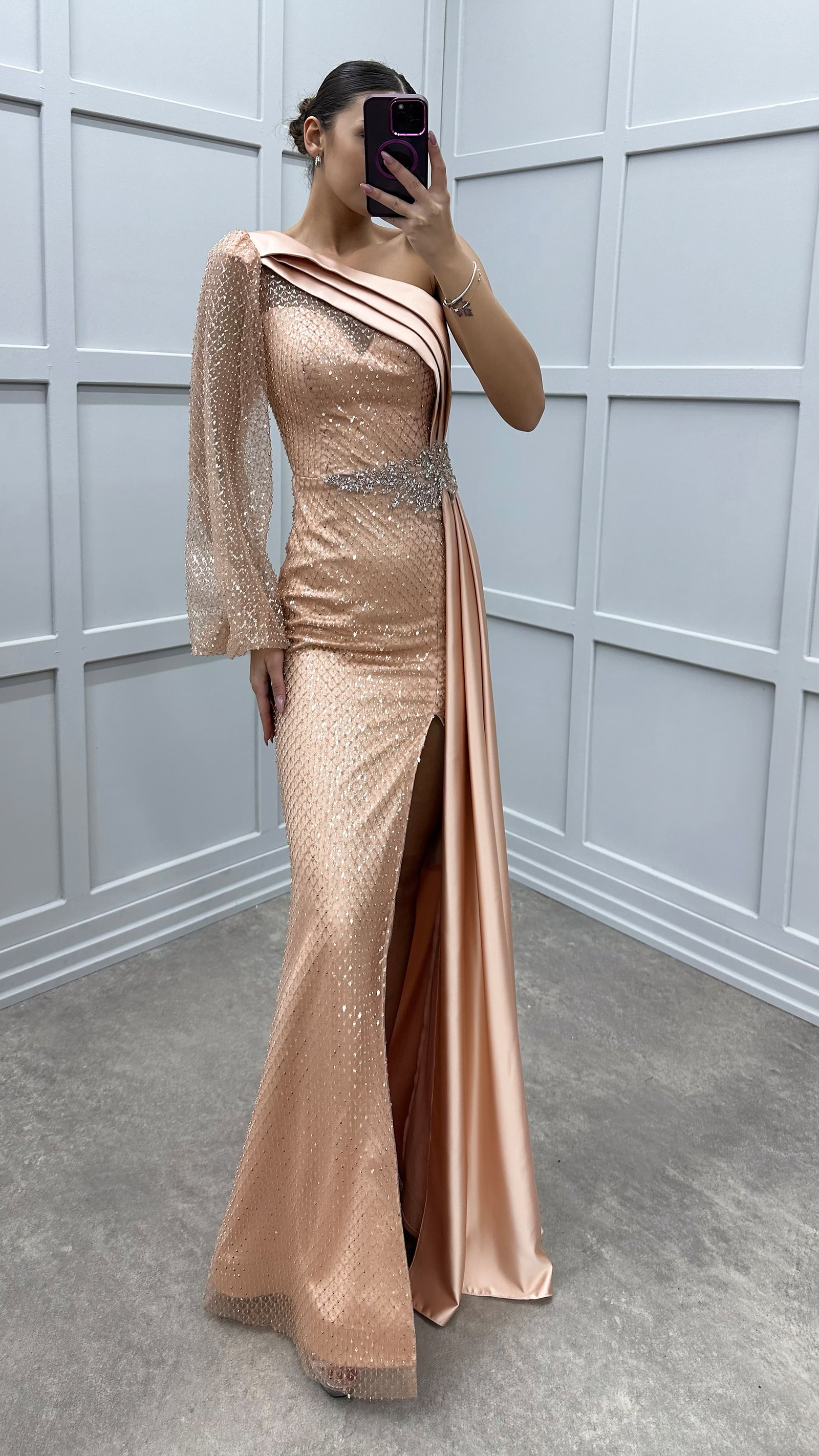 BEIGE SINGLE SLEEVE WAIST DETAIL DESIGN DRESS