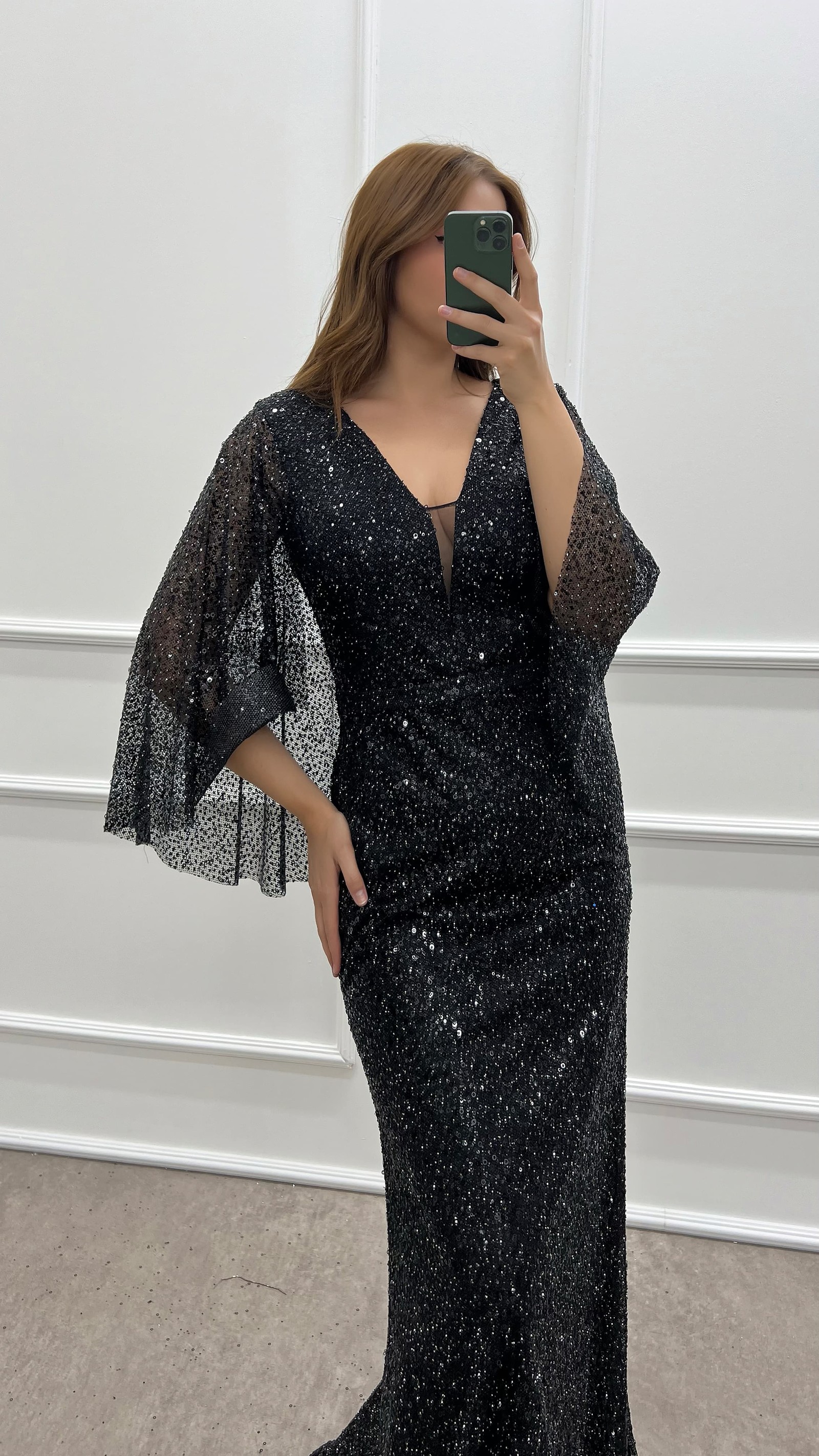 BLACK V-NECK SLEEVE DETAIL SEQUIN PLUS SIZE EVENING DRESS