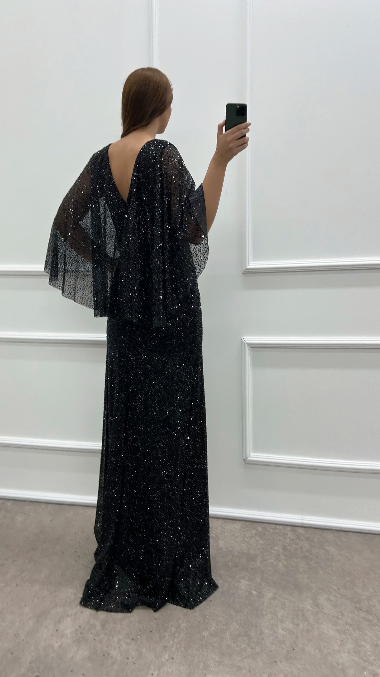 BLACK V-NECK SLEEVE DETAIL SEQUIN PLUS SIZE EVENING DRESS