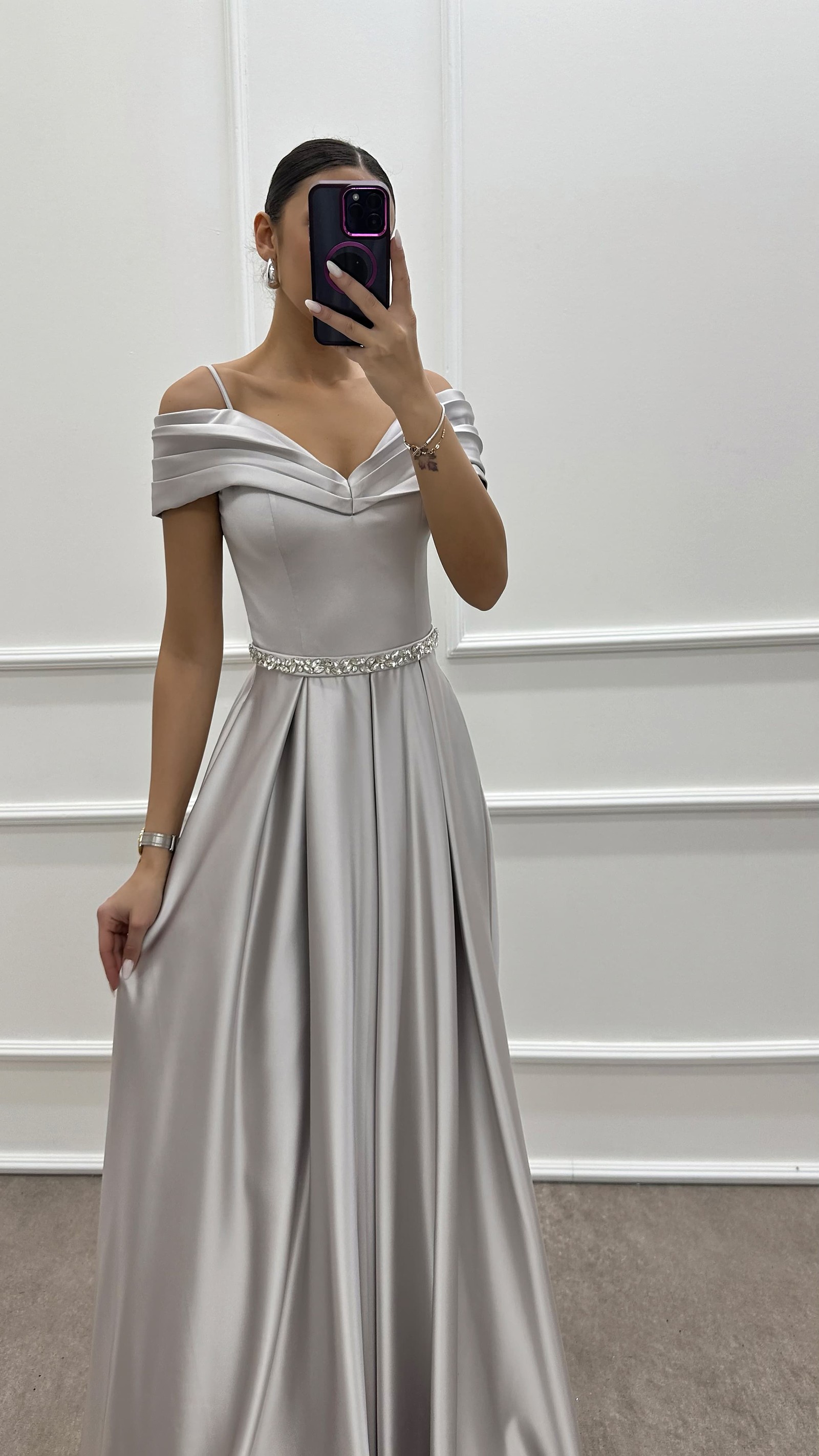 WHITE CHEST DETAIL WAIST STONE DESIGN SATIN EVENING DRESS