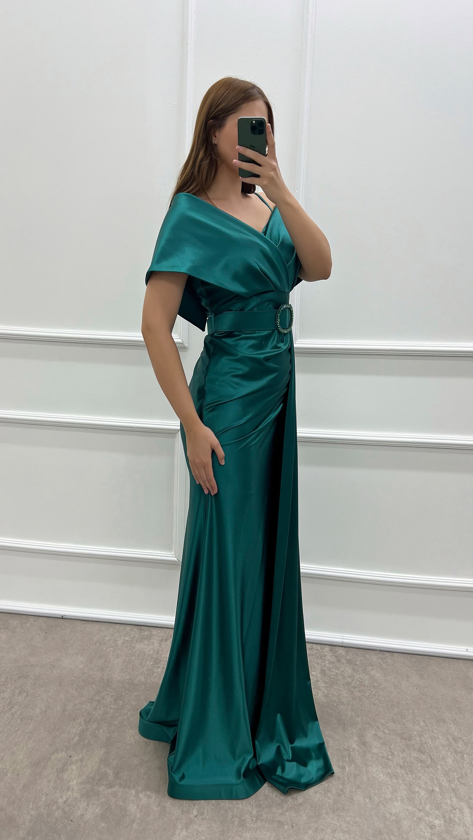 EMERALD GREEN DOUBLE-BREASTED COLLAR BELTED WAIST DETAIL SATIN EVENING DRESS