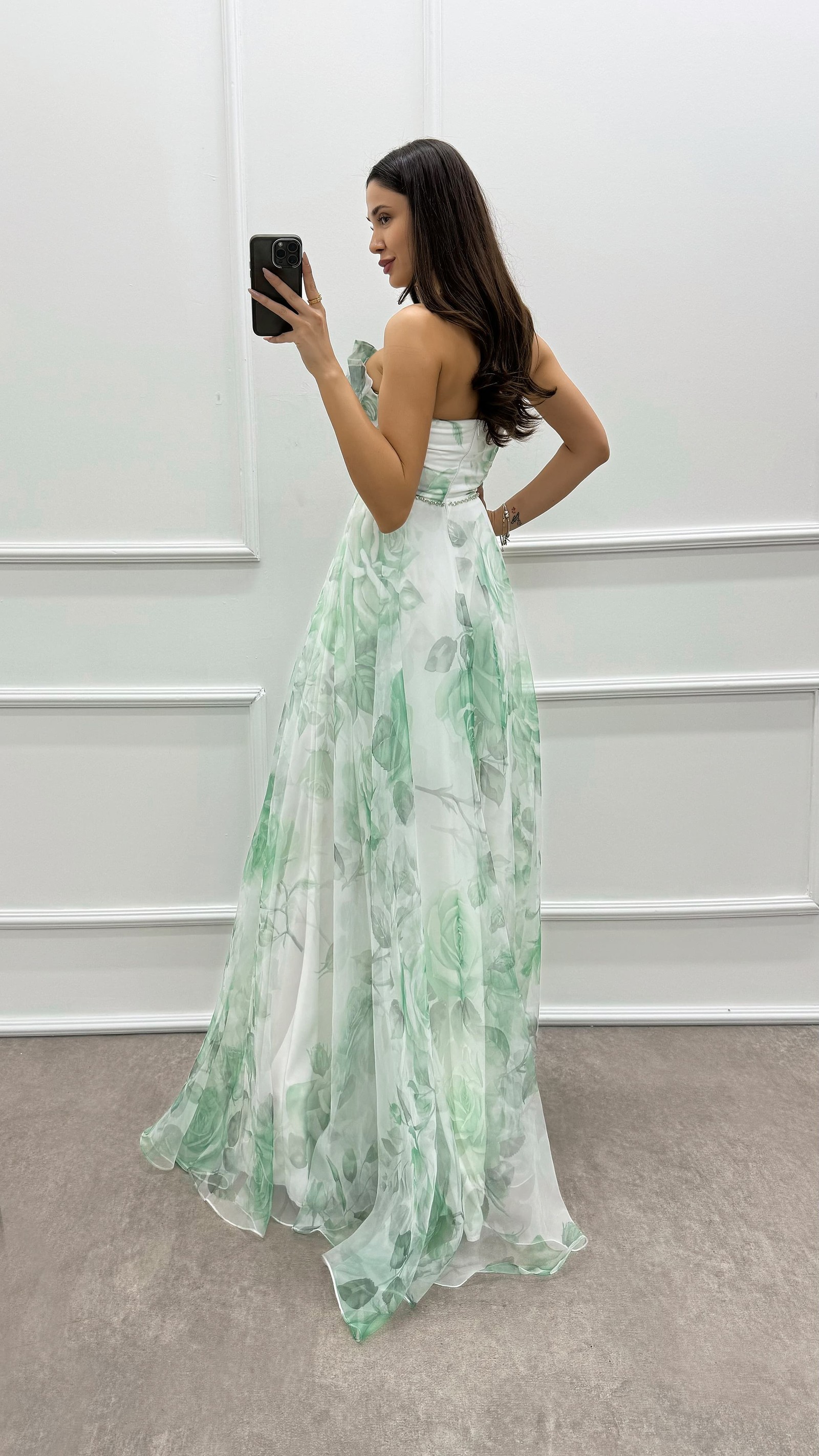 FUCHSIA STRAPLESS PATTERNED CHEST DETAIL CHIFFON DRESS