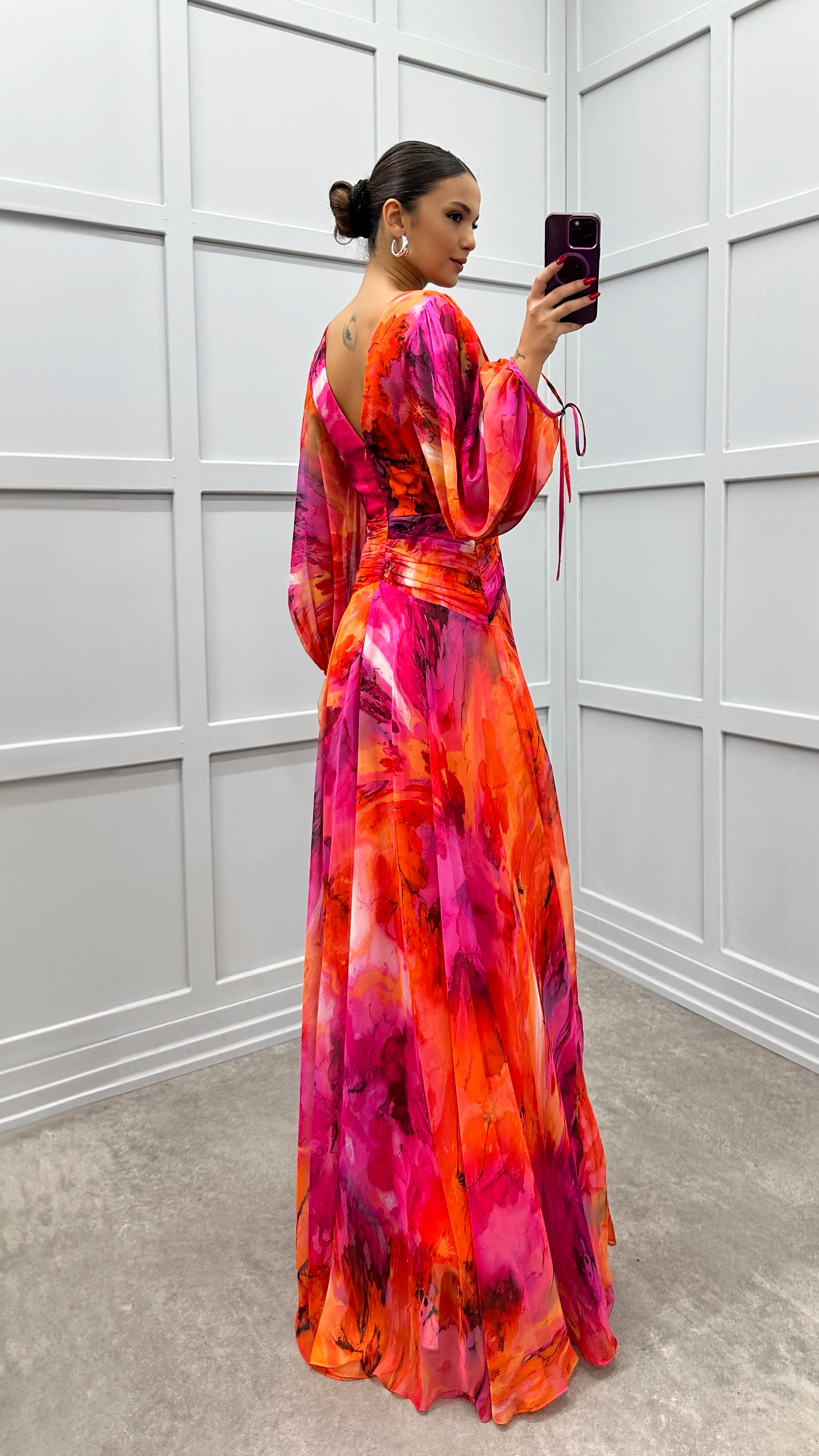 ORANGE BALLOON SLEEVE WAIST DETAIL PATTERNED CHIFFON DRESS