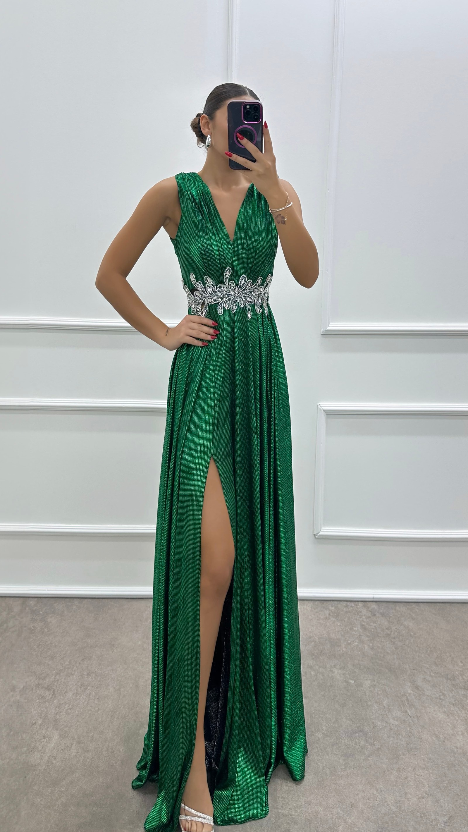 GREY V-NECK WAIST EMBROIDERED DESIGN DRESS