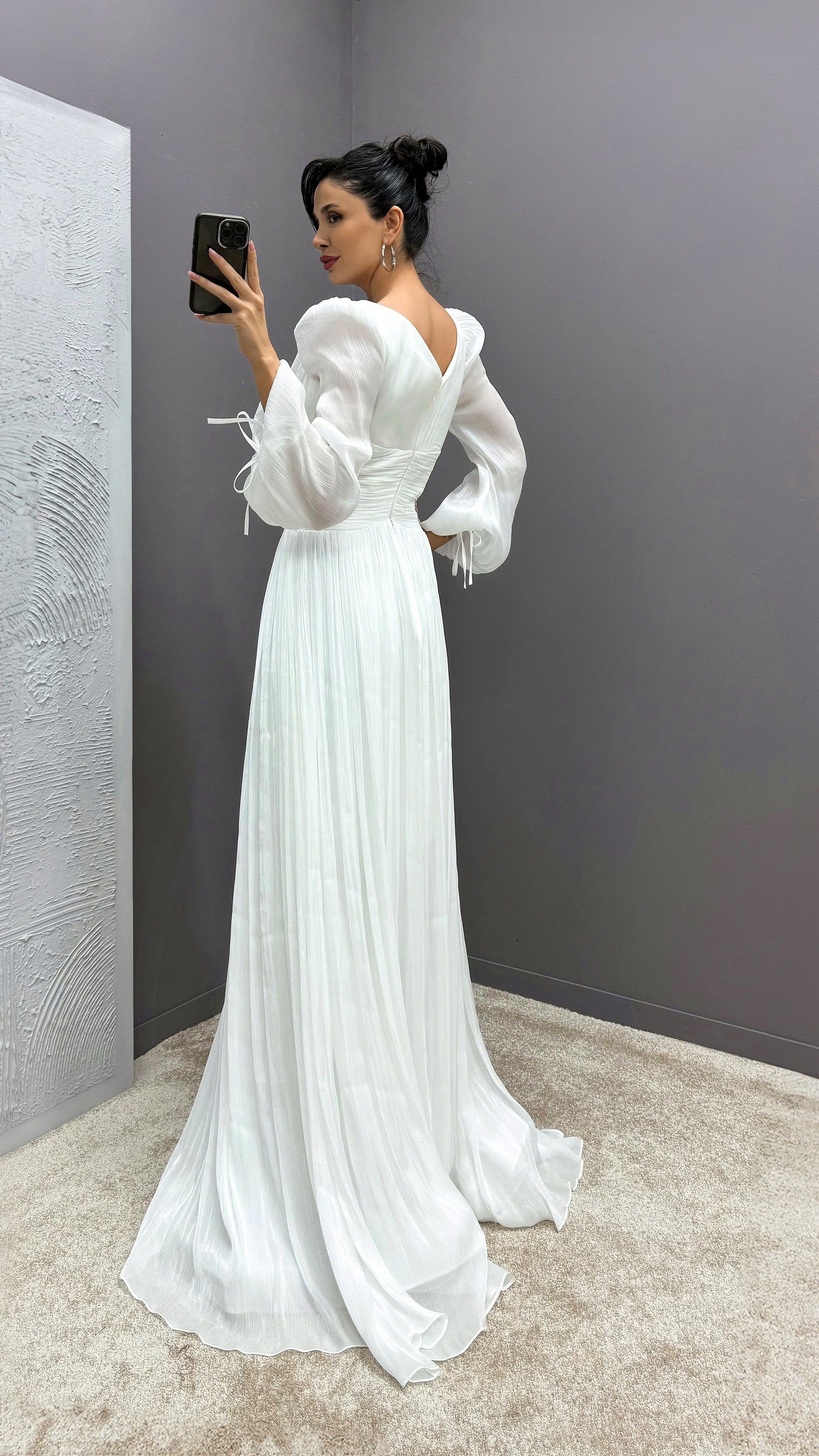 BEIGE BALLOON SLEEVE DRAPED DESIGN DRESS