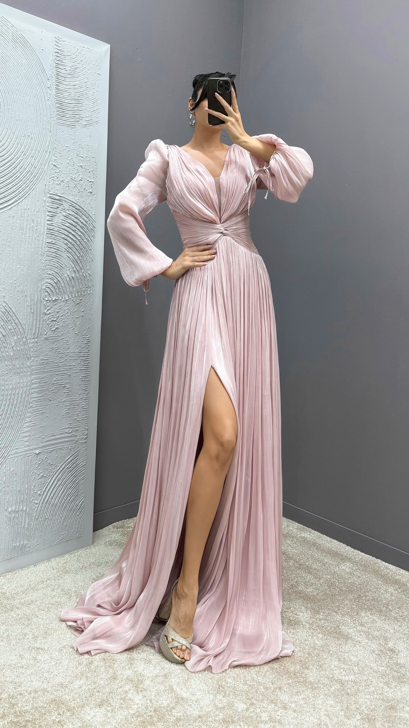 BEIGE BALLOON SLEEVE DRAPED DESIGN DRESS