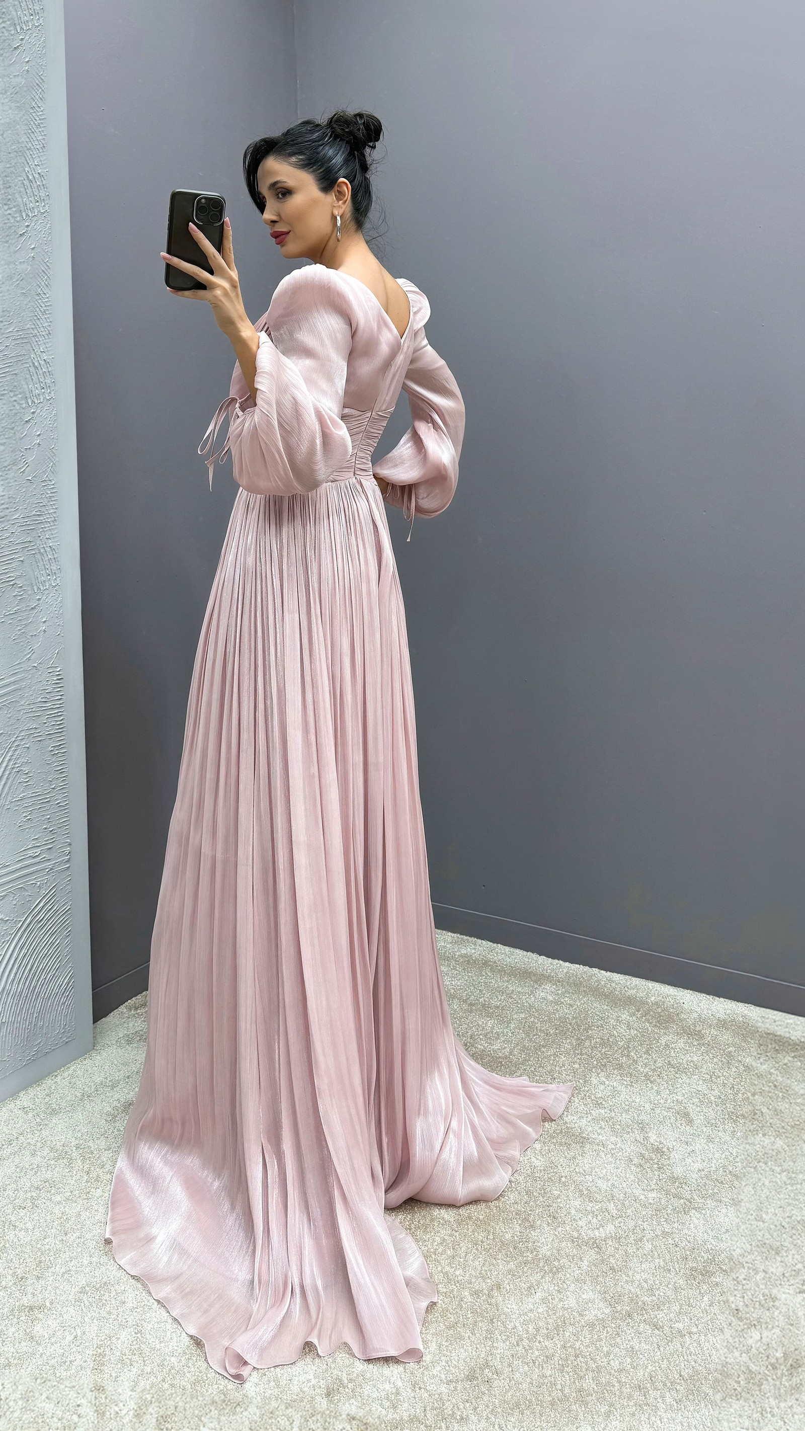 BEIGE BALLOON SLEEVE DRAPED DESIGN DRESS
