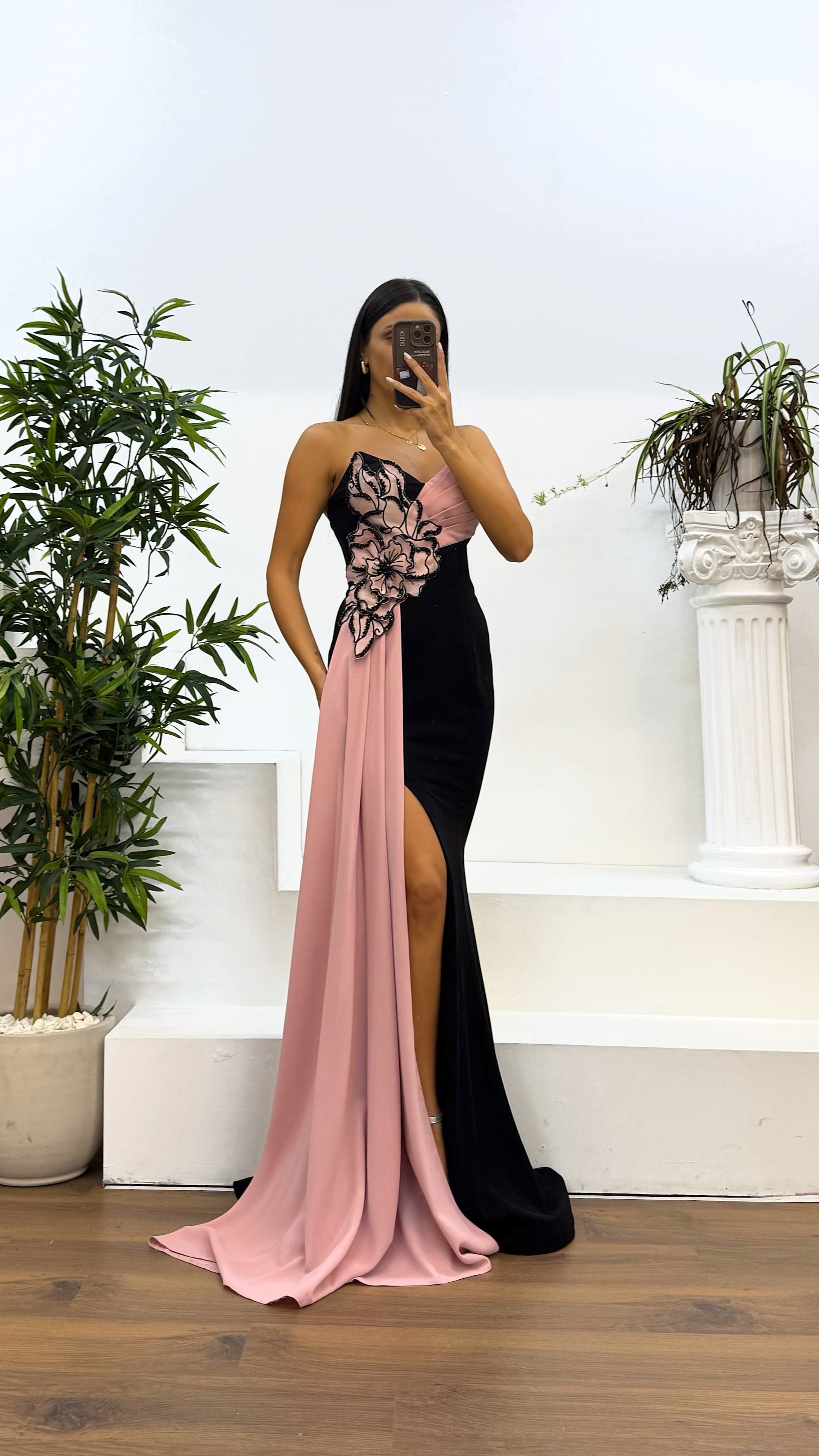Strapless Floral Detail Evening Dress
