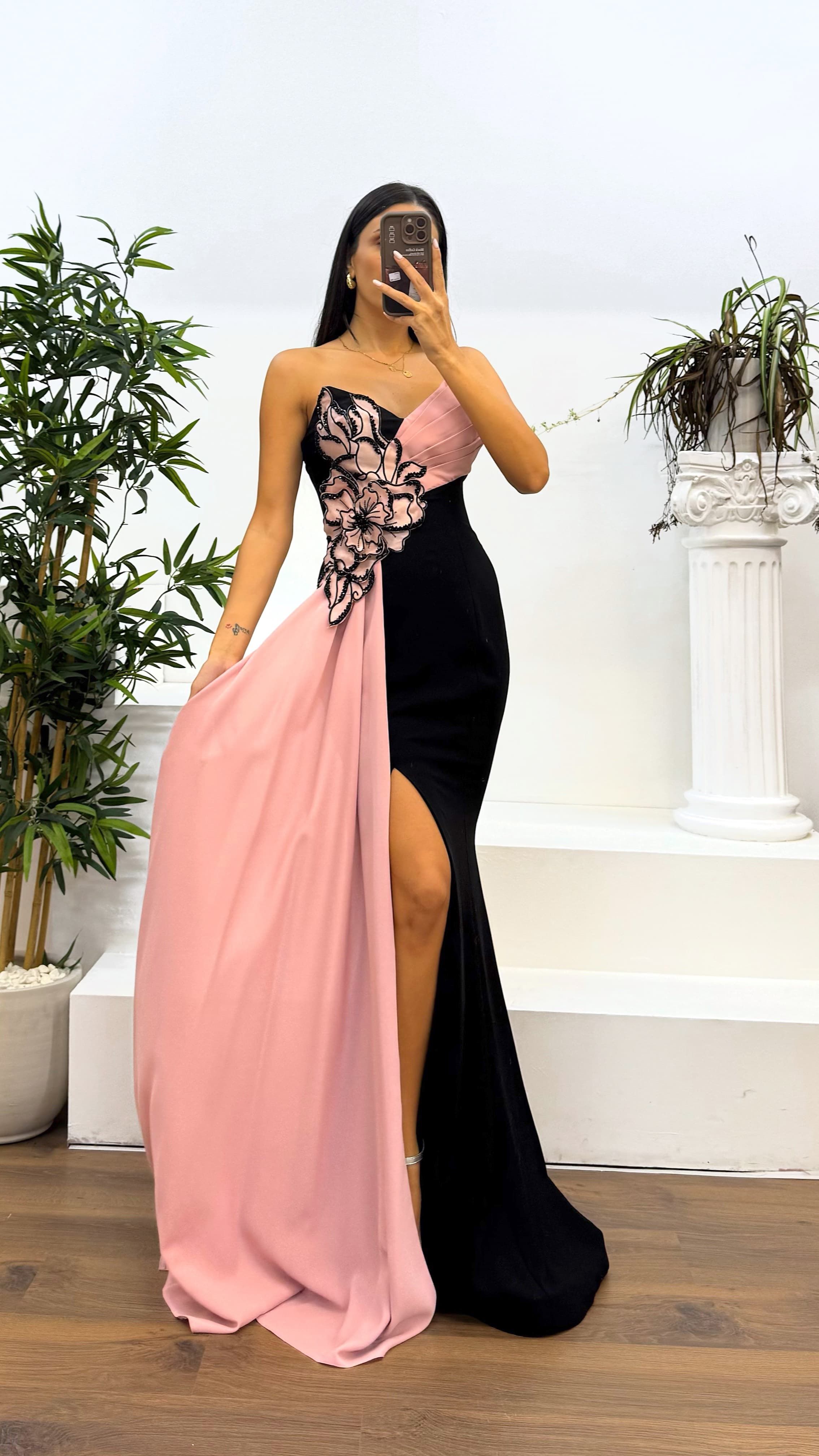 Strapless Floral Detail Evening Dress