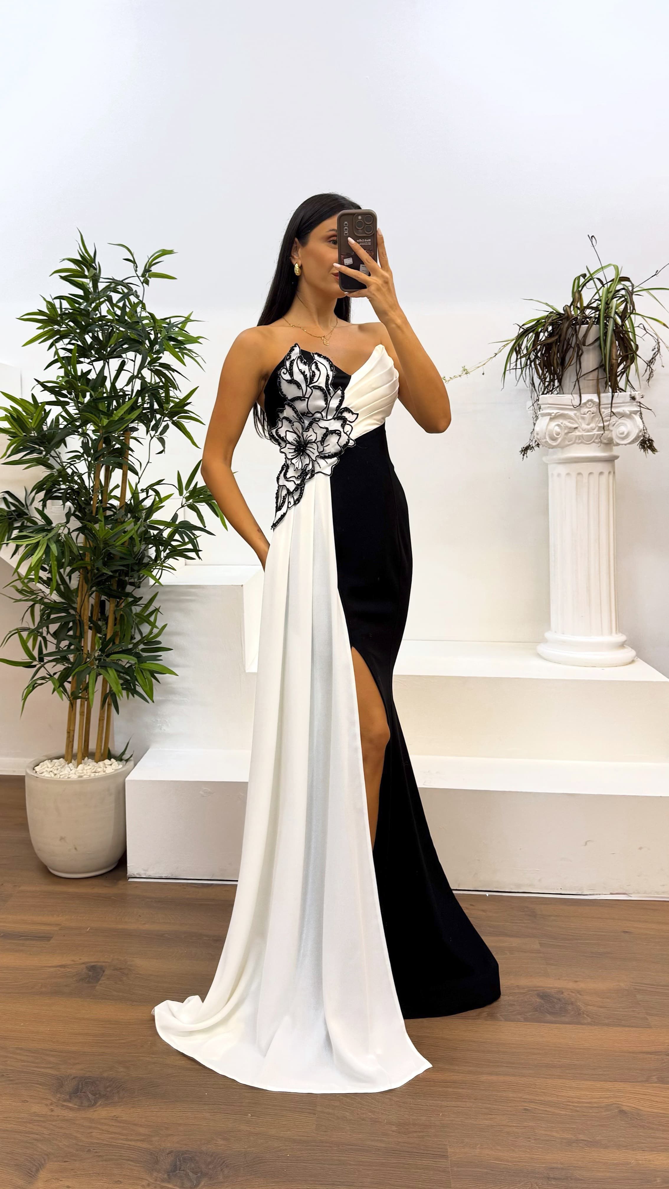 Strapless Floral Detail Evening Dress