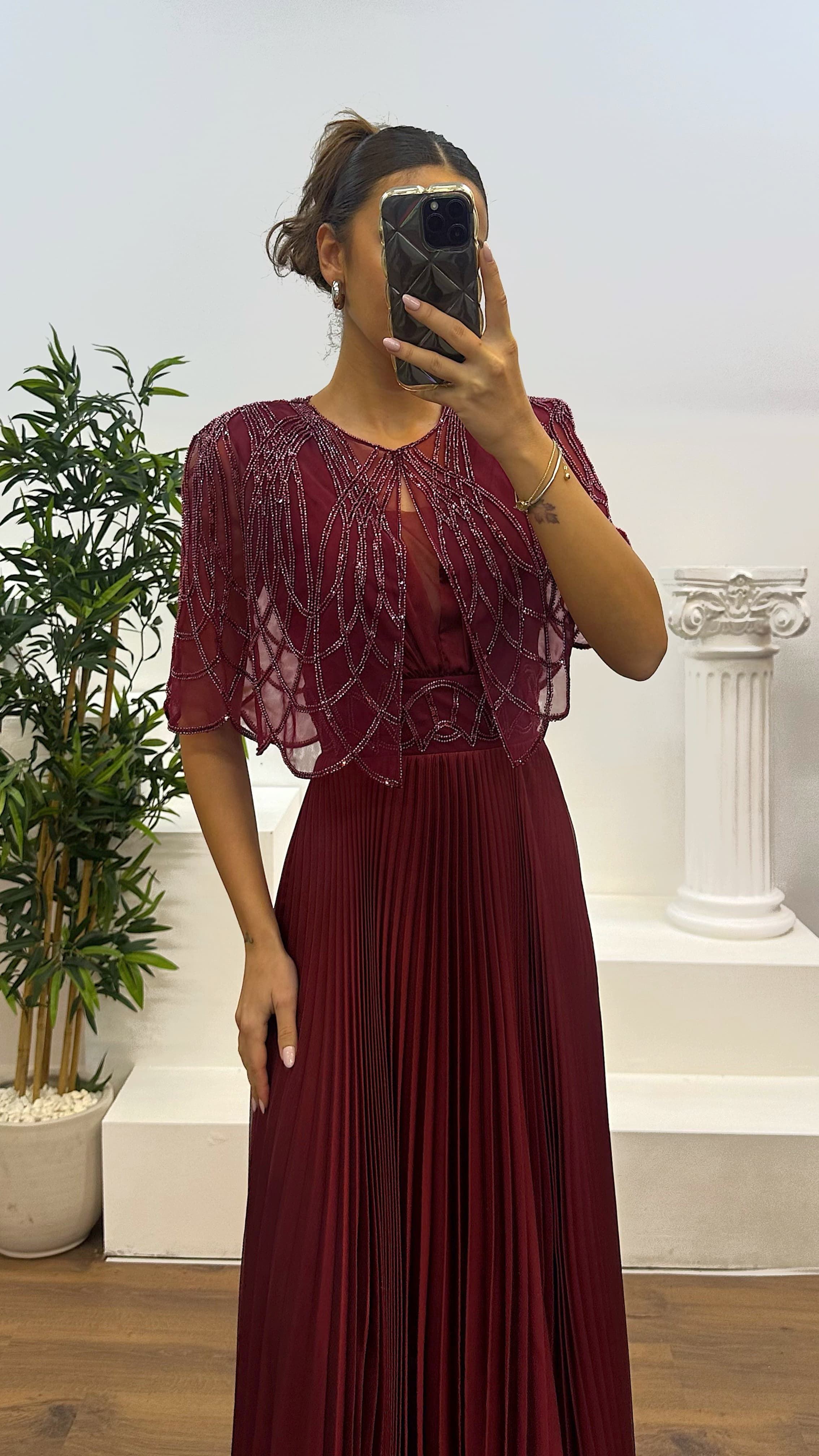 Collar Detail Pleated Evening Dress