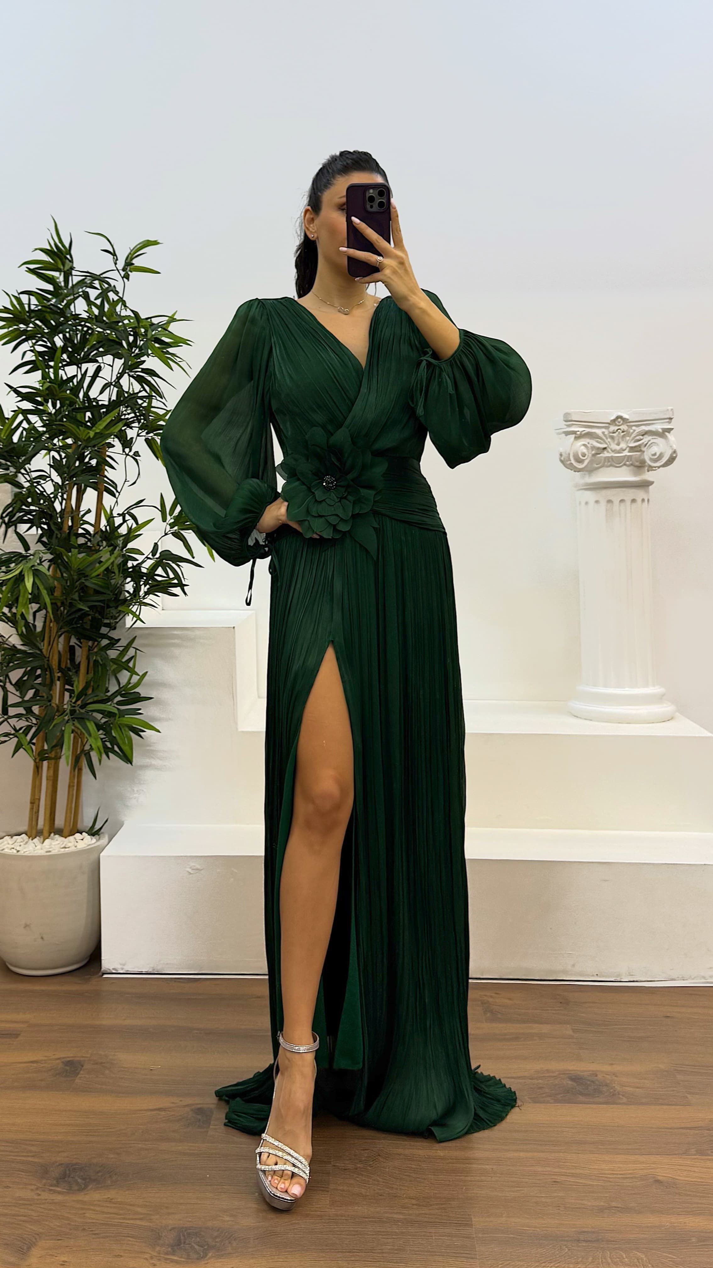 V-Neck Pleated Evening Dress