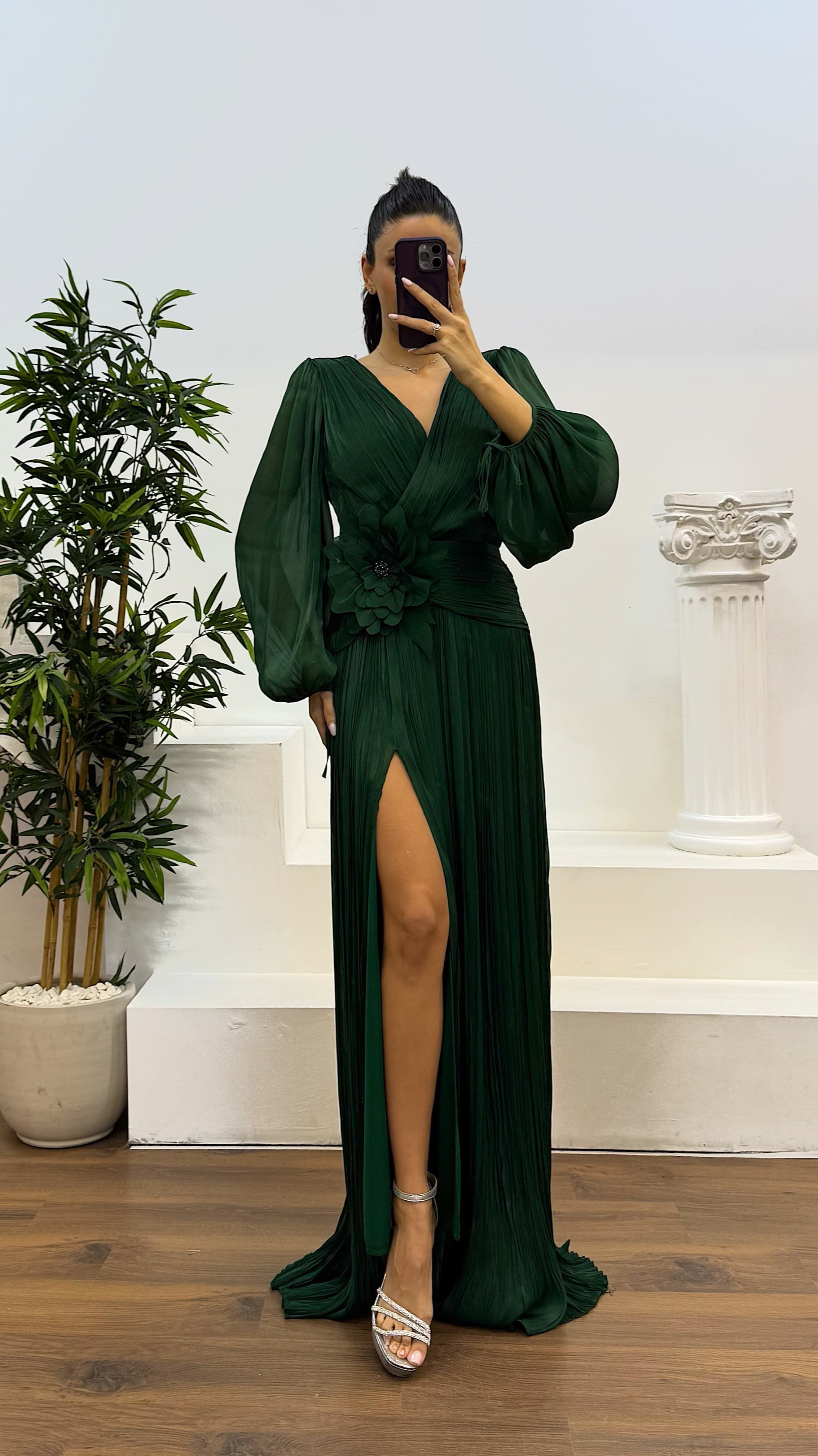 V-Neck Pleated Evening Dress