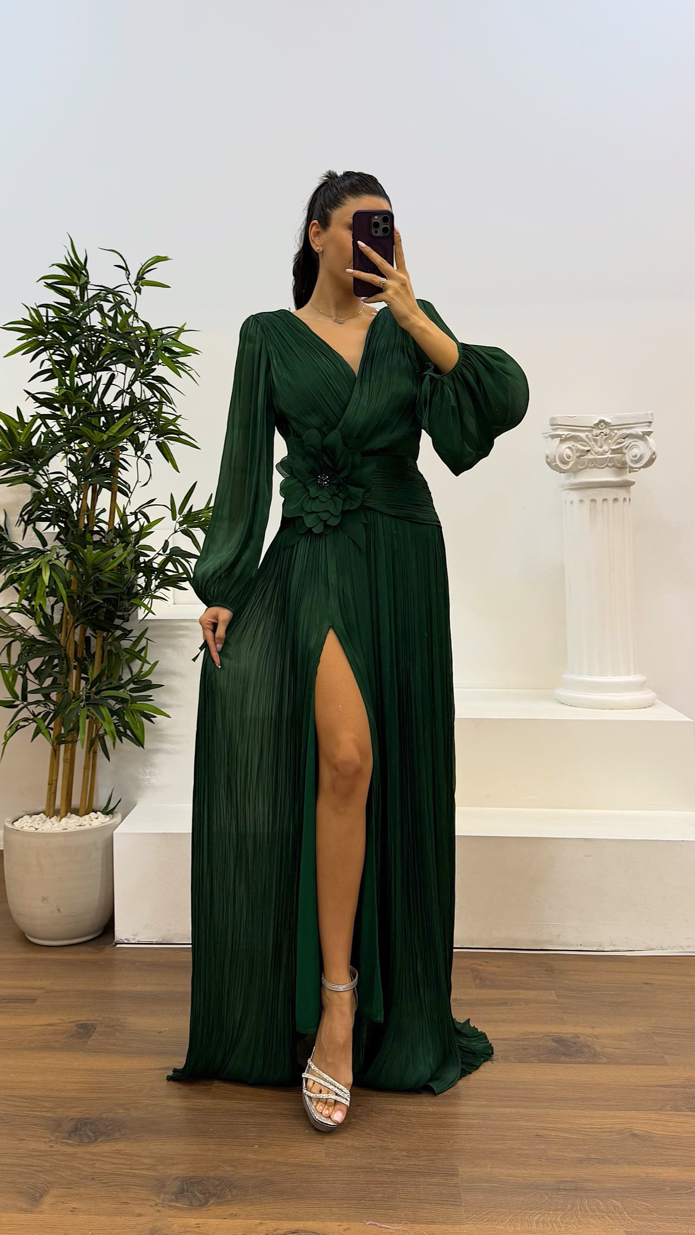 V-Neck Pleated Evening Dress