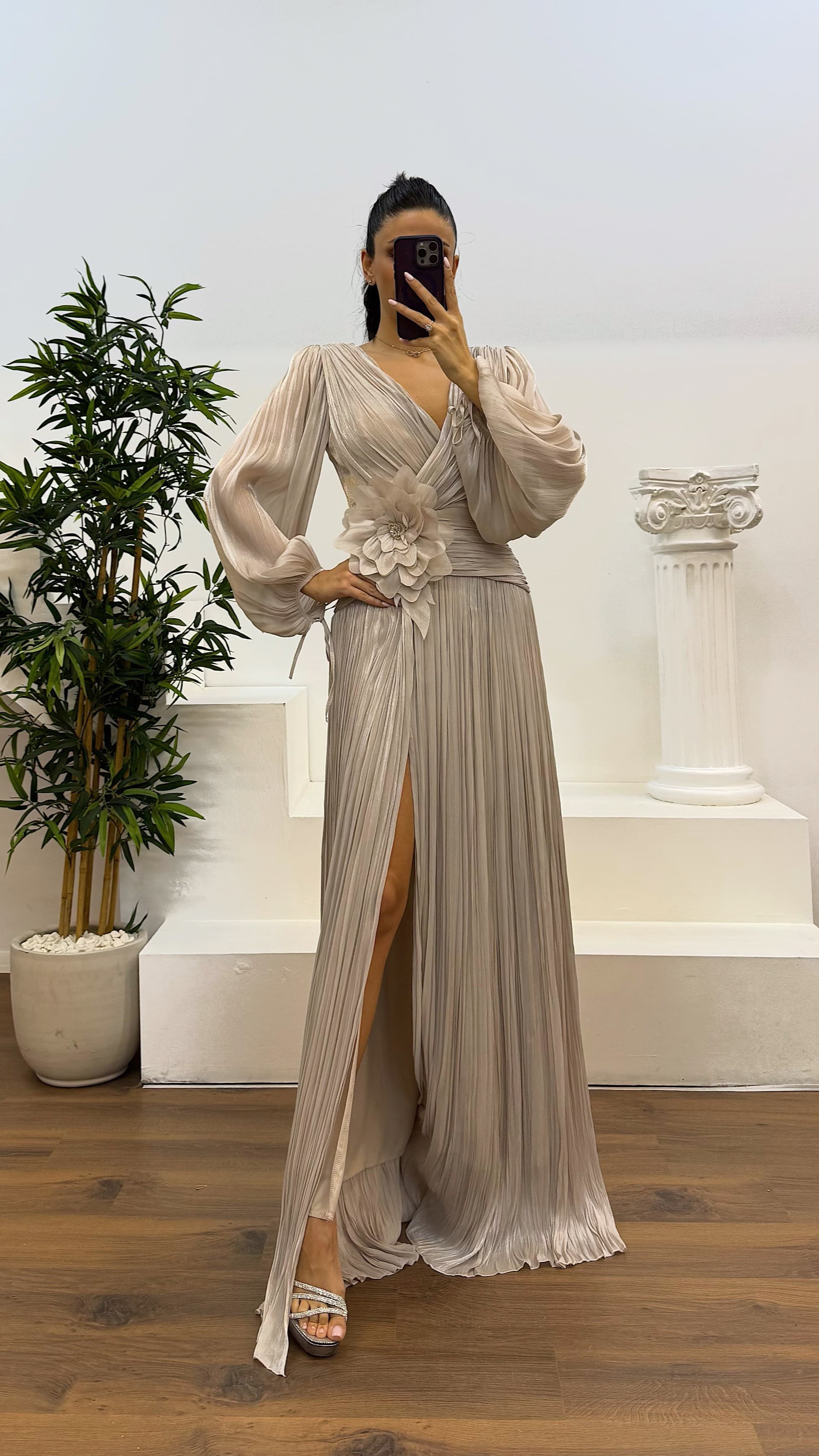V-Neck Pleated Evening Dress