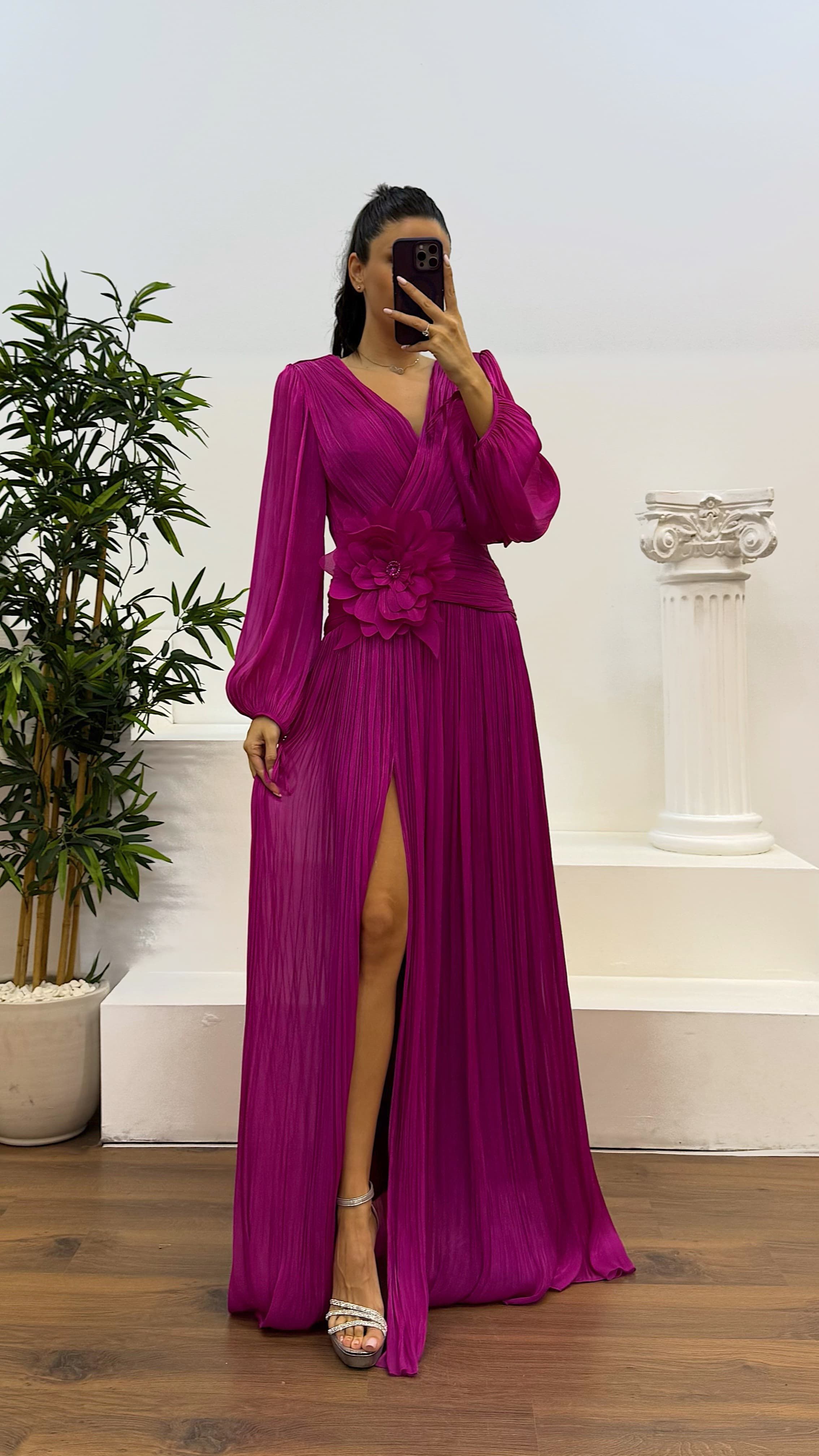 V-Neck Pleated Evening Dress