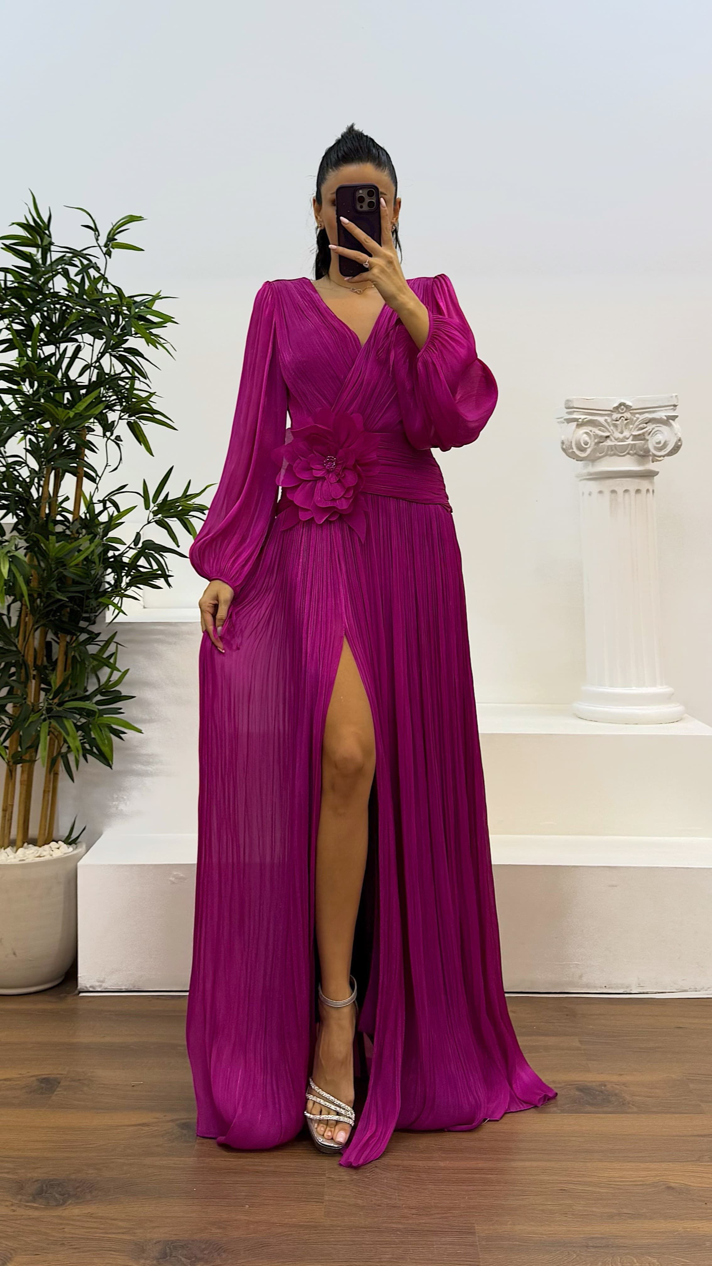 V-Neck Pleated Evening Dress