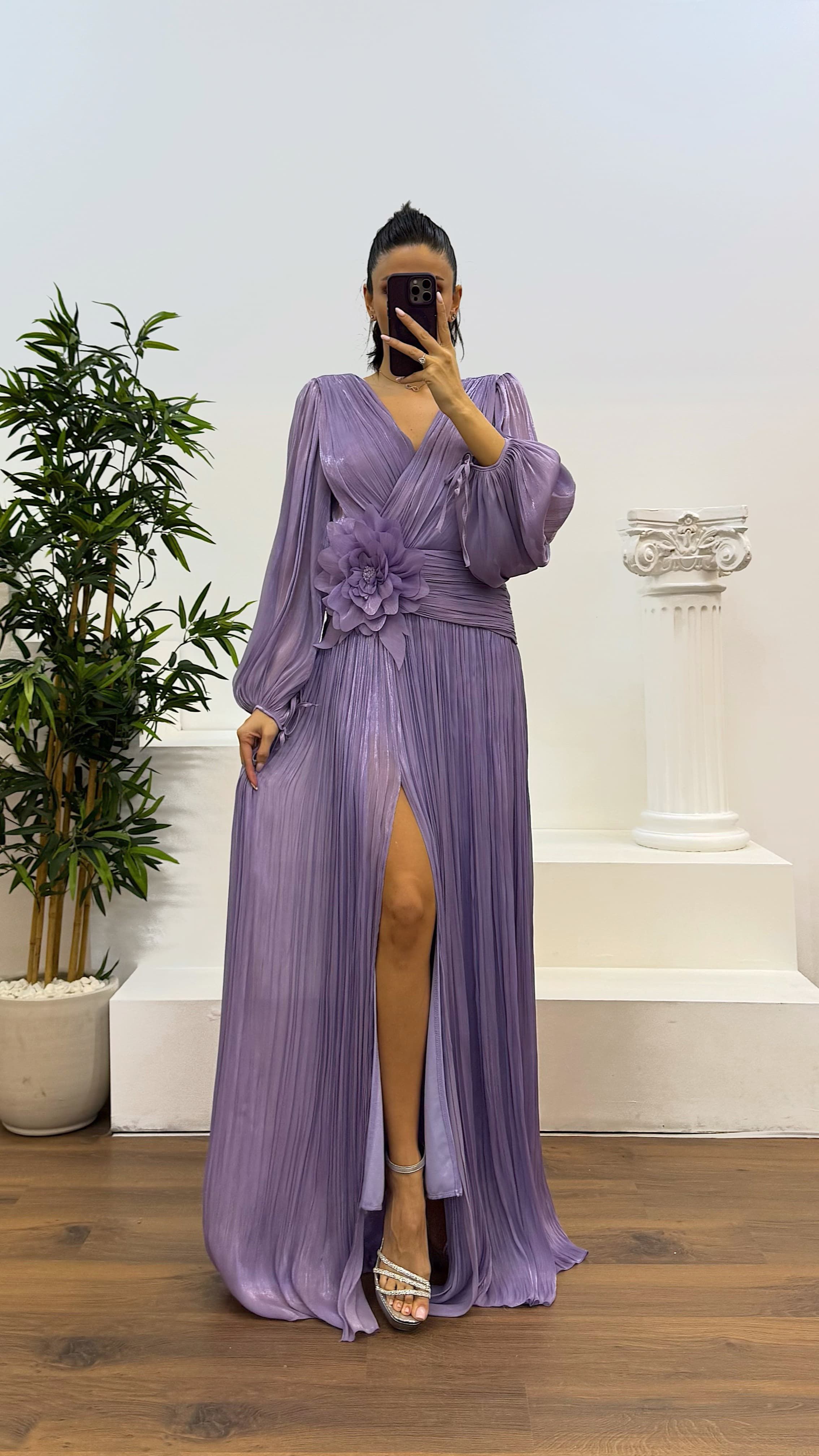 V-Neck Pleated Evening Dress