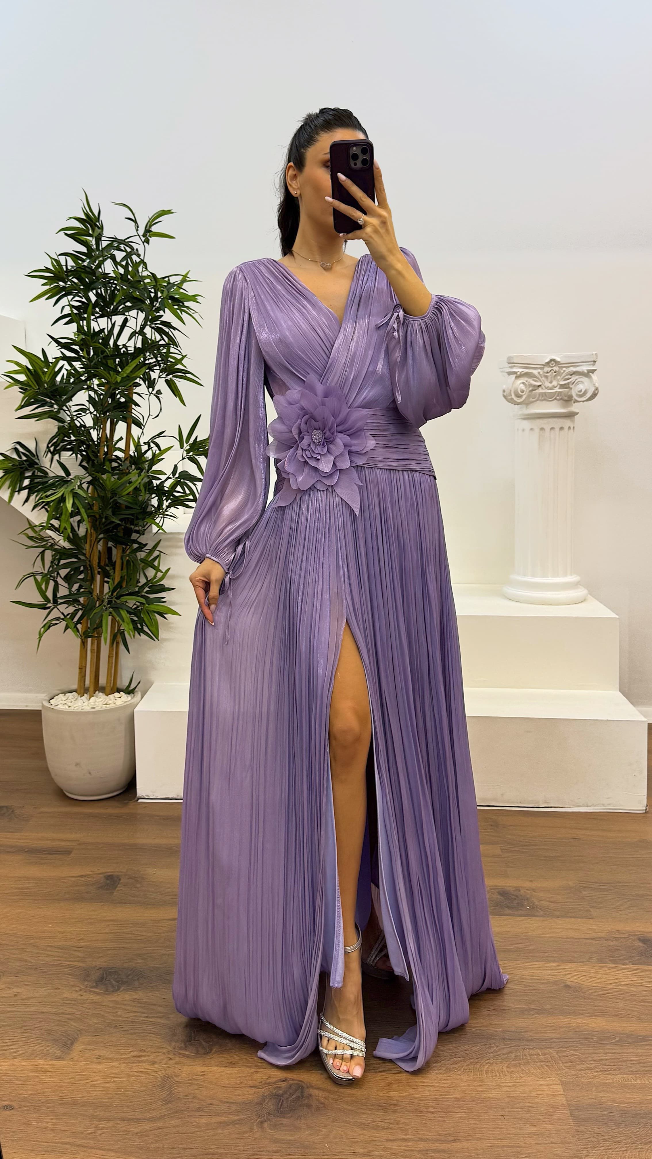 V-Neck Pleated Evening Dress