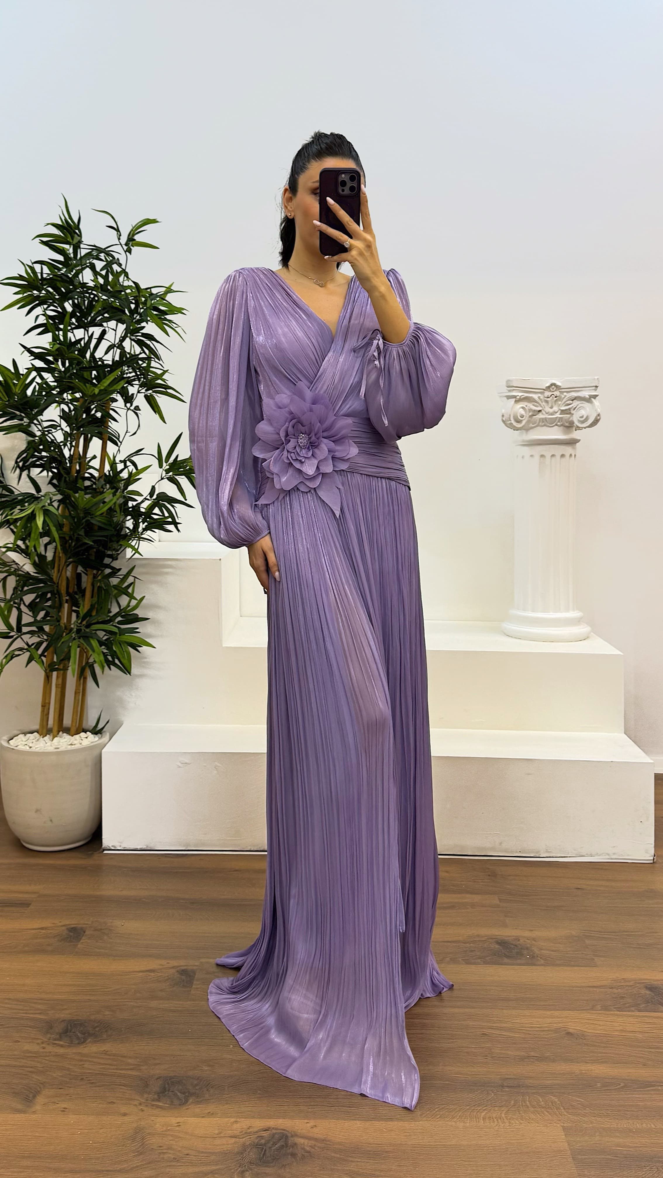 V-Neck Pleated Evening Dress