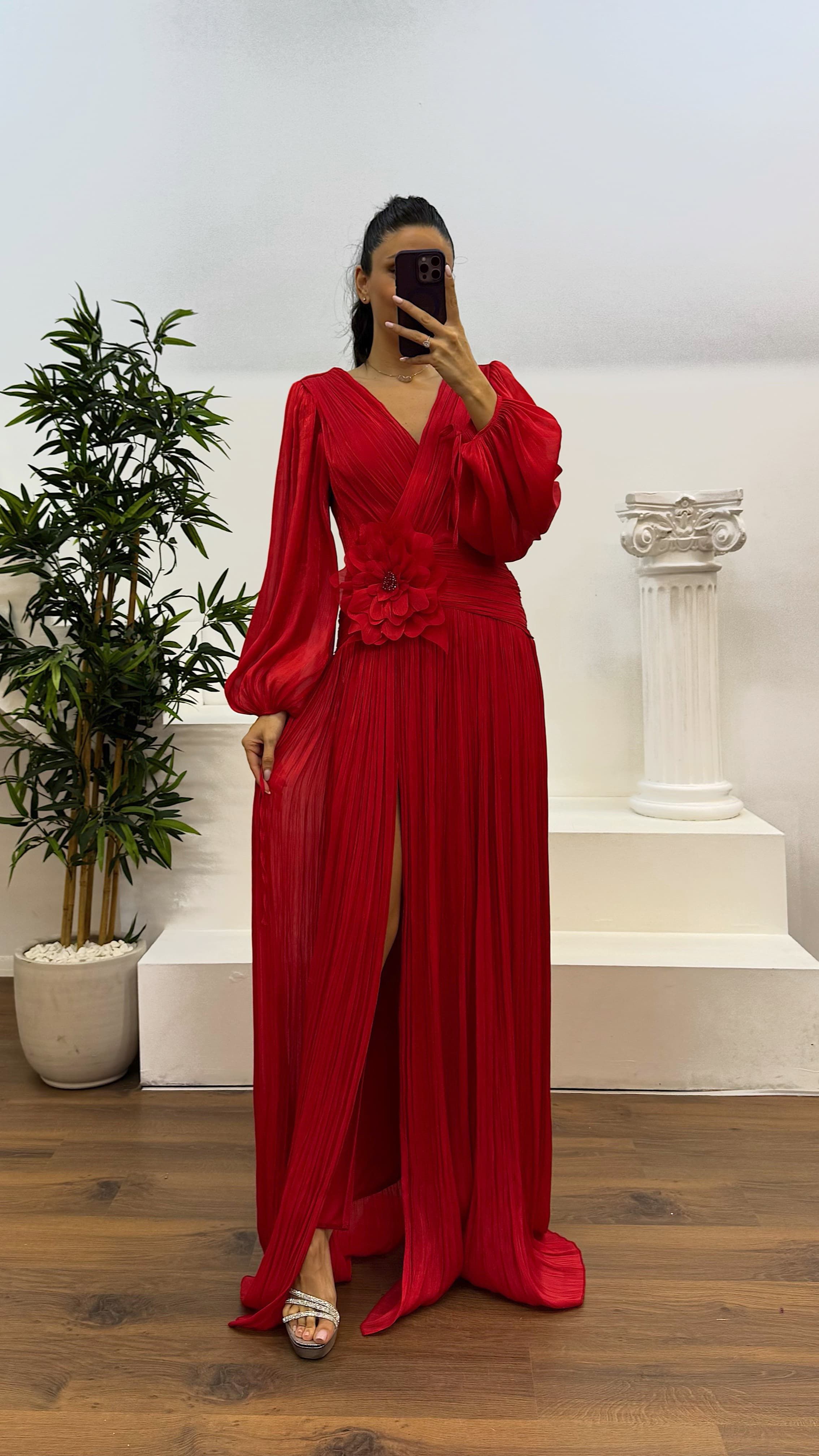 V-Neck Pleated Evening Dress