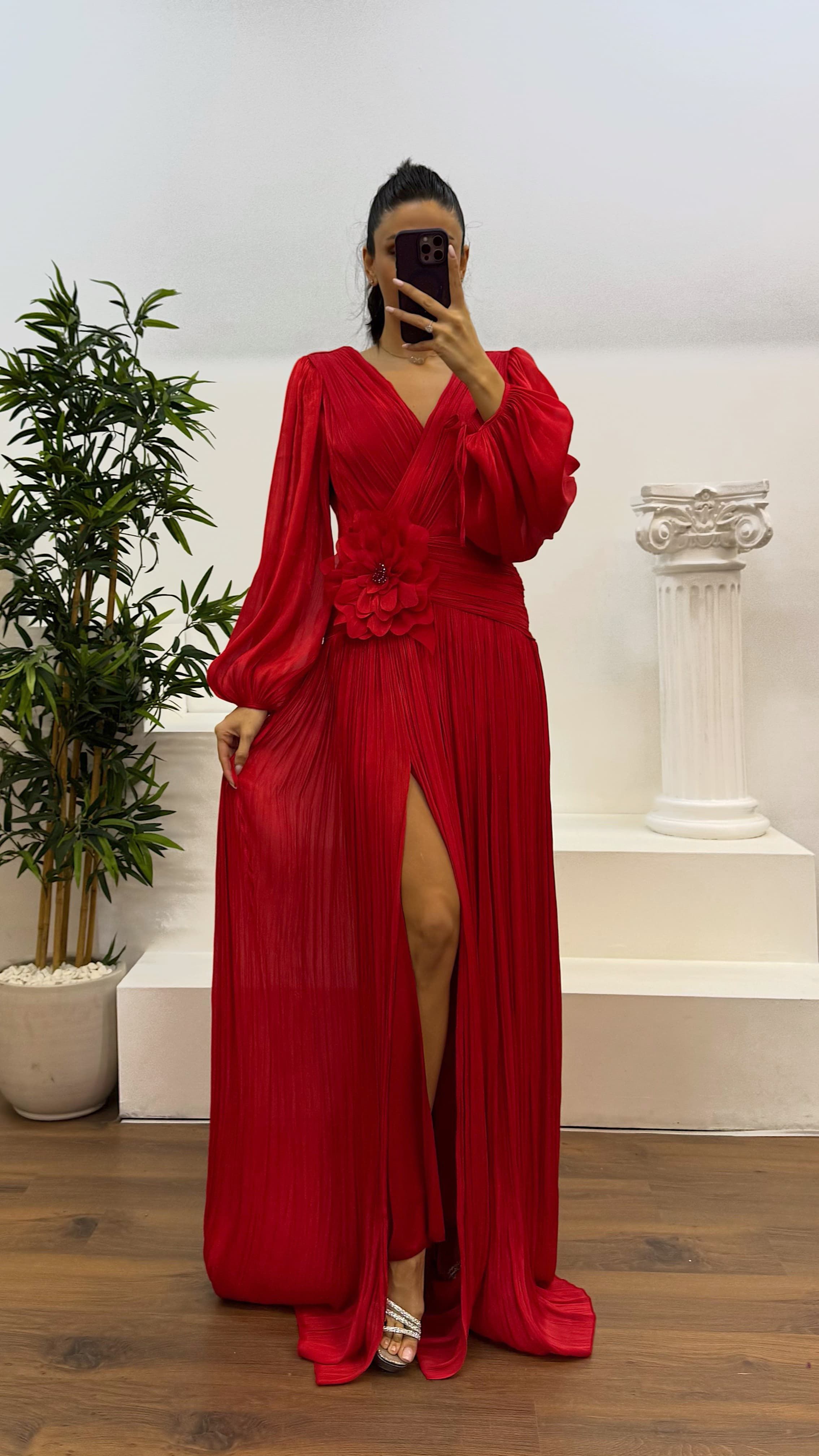 V-Neck Pleated Evening Dress