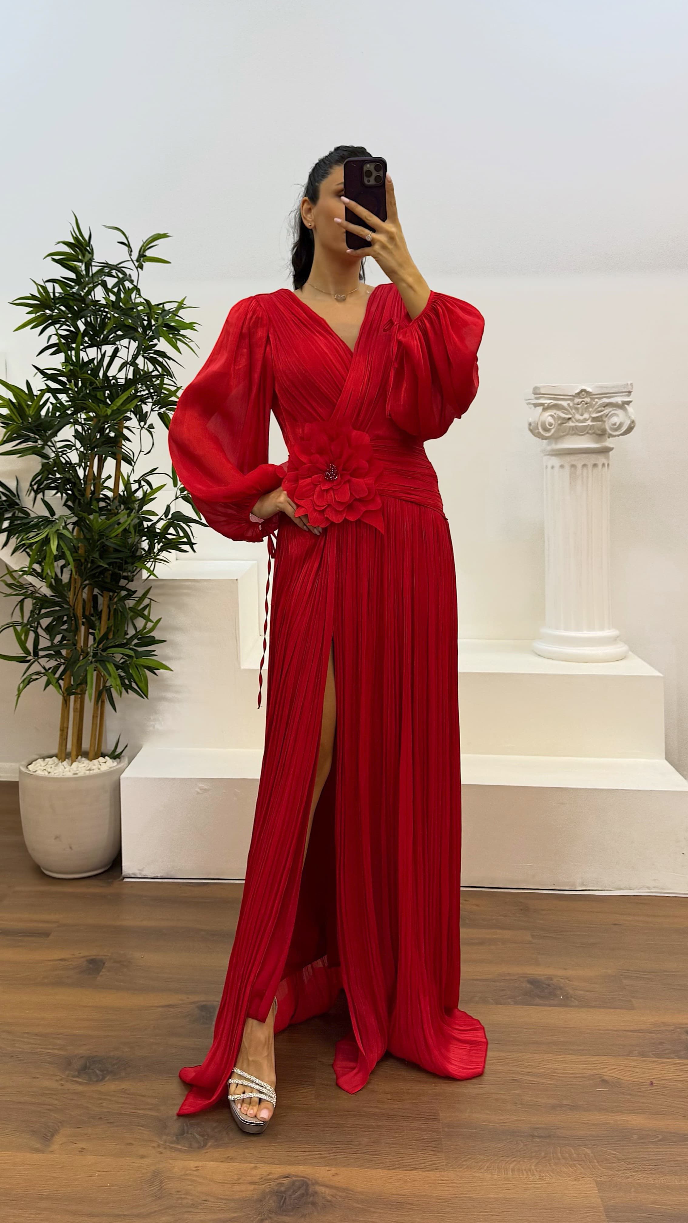 V-Neck Pleated Evening Dress