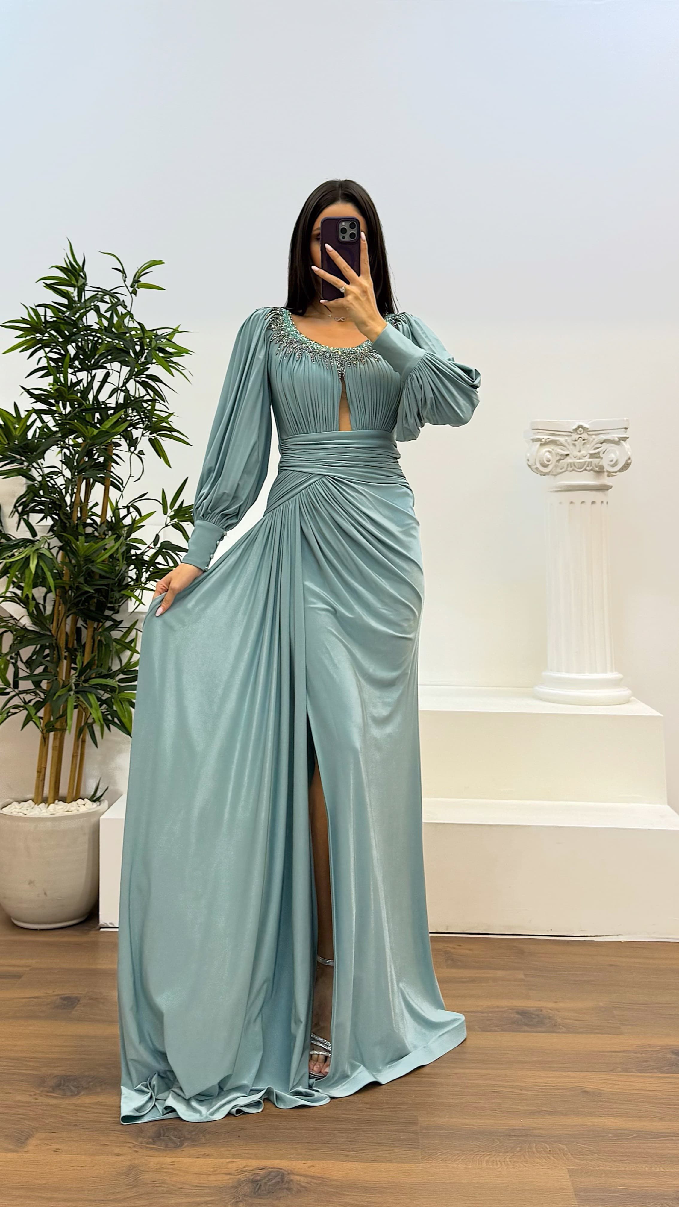 Collar Stone Detail Evening Dress