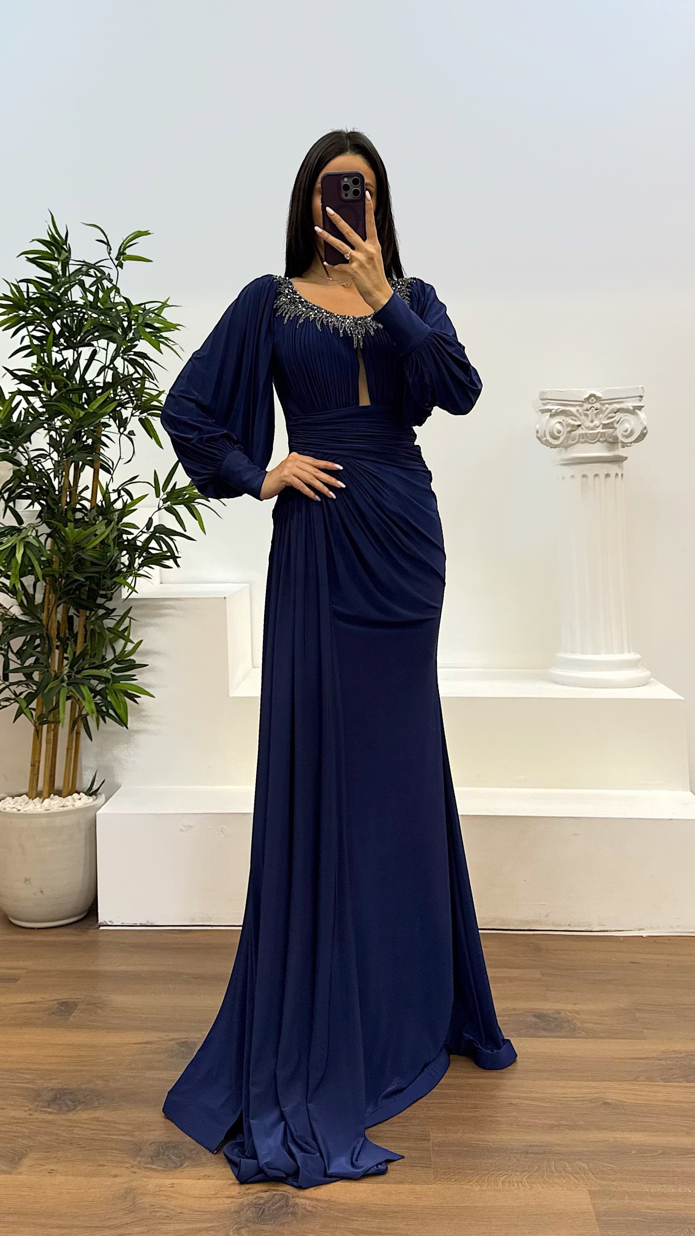 Collar Stone Detail Evening Dress