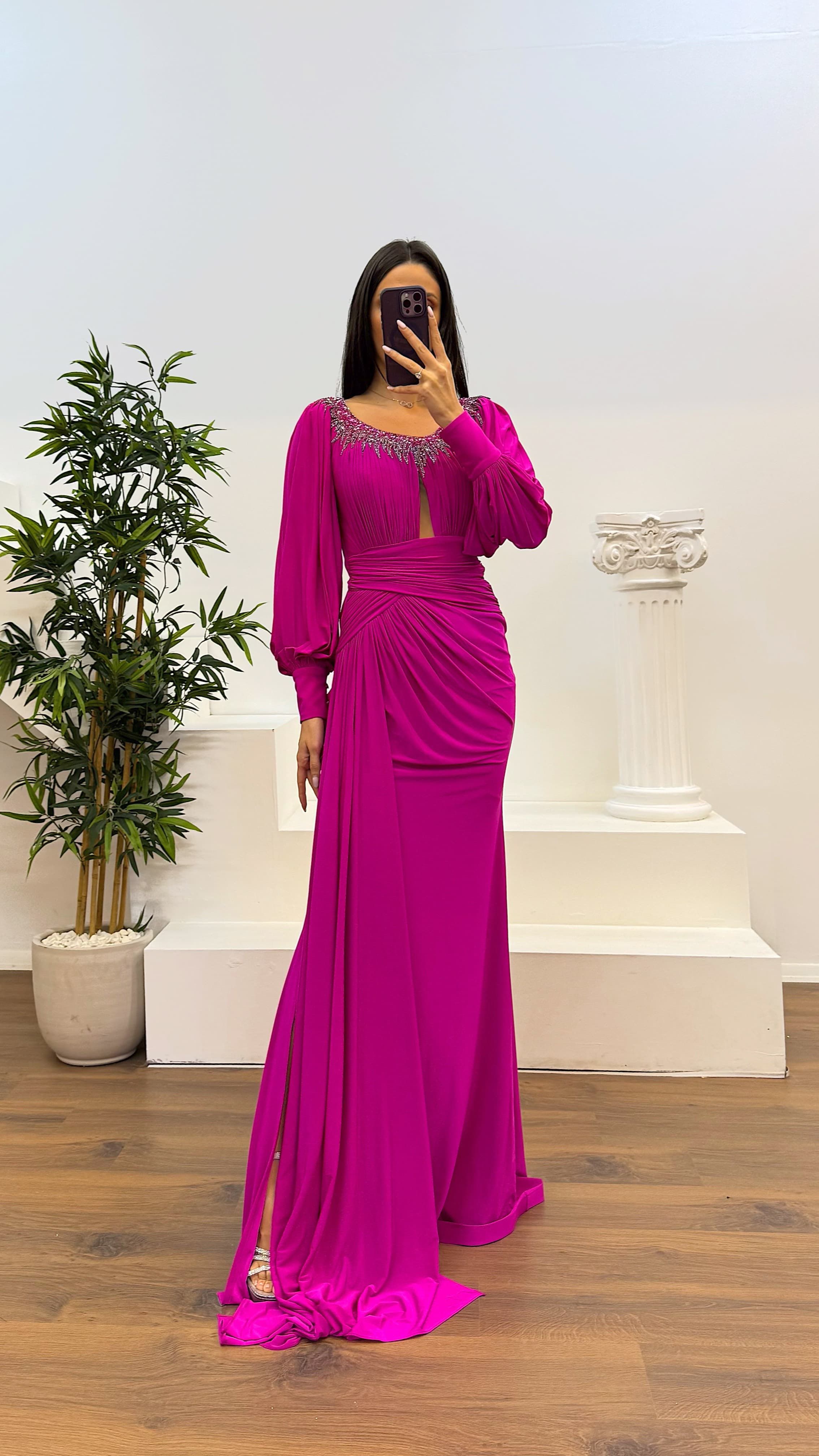 Collar Stone Detail Evening Dress