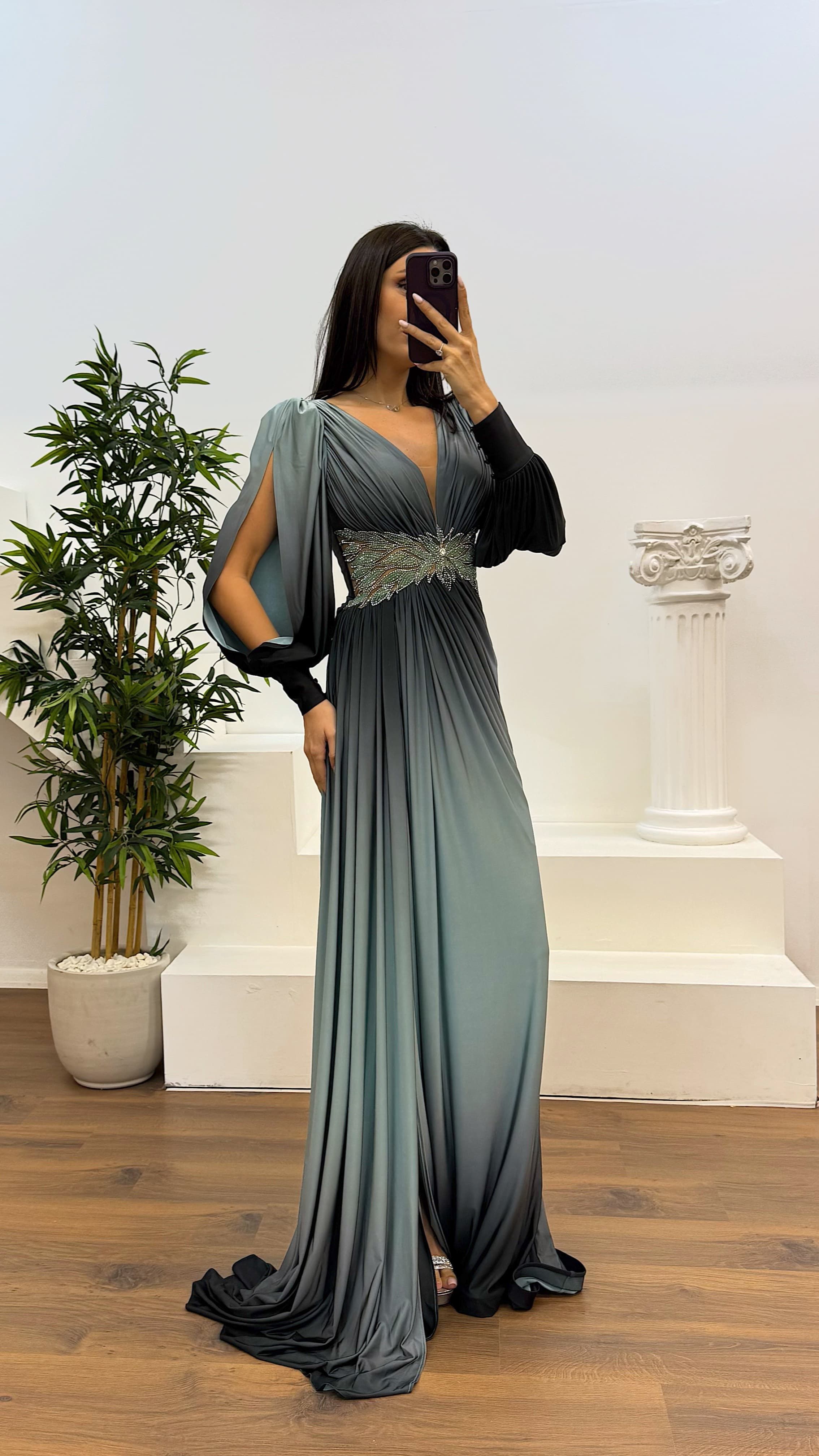 Waist Embroidery Detail Evening Dress