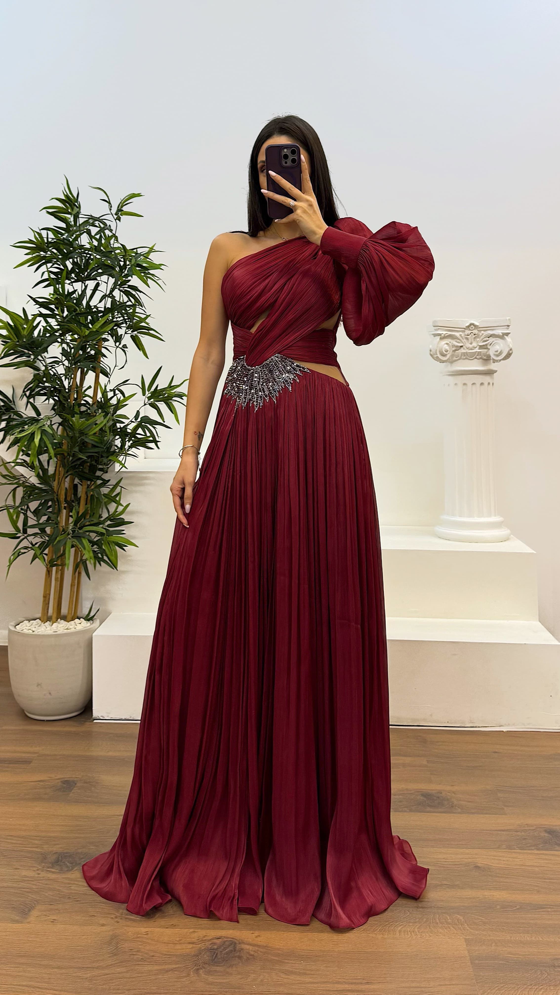 Single Sleeve Pleated Evening Dress