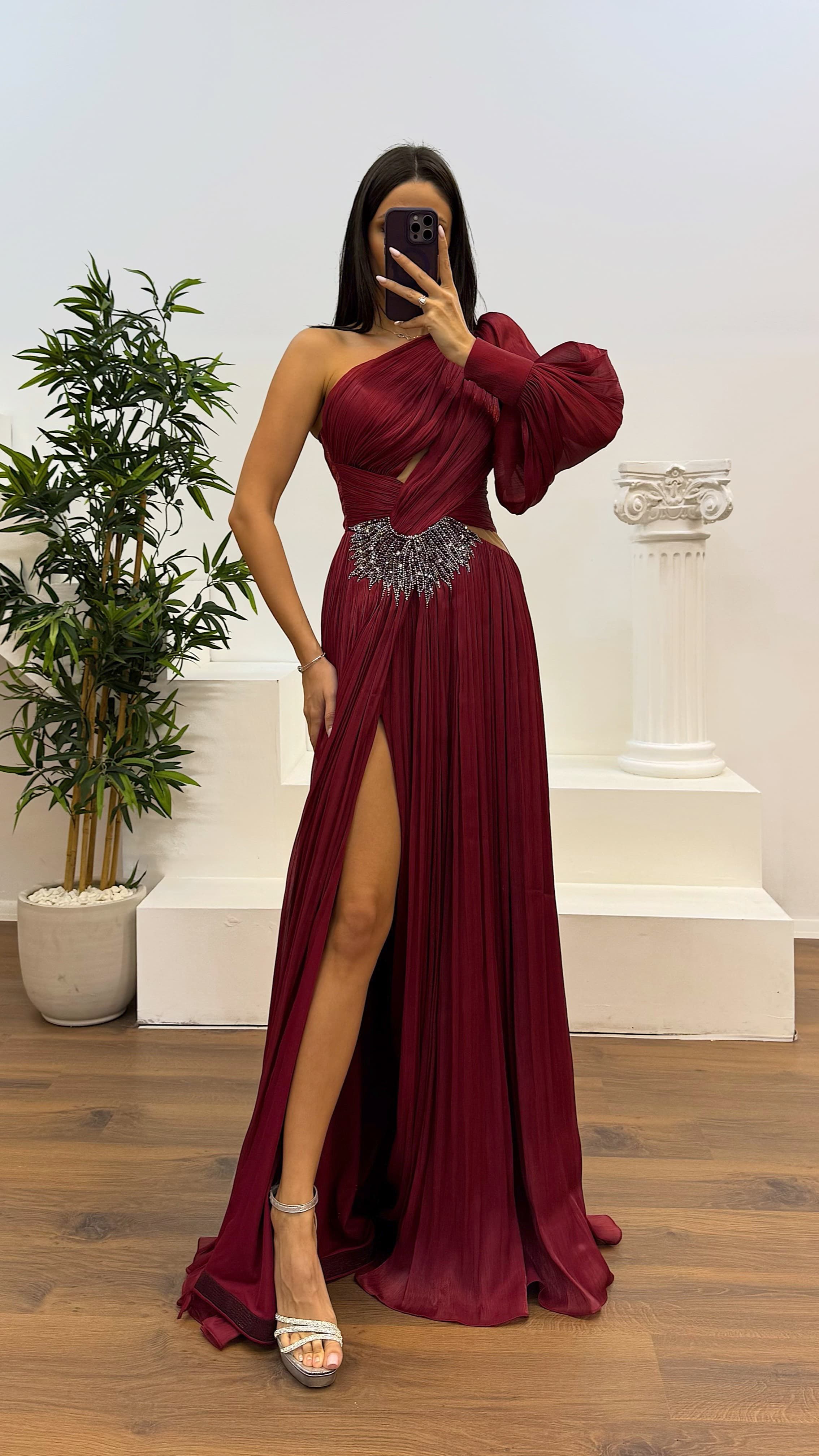 Single Sleeve Pleated Evening Dress