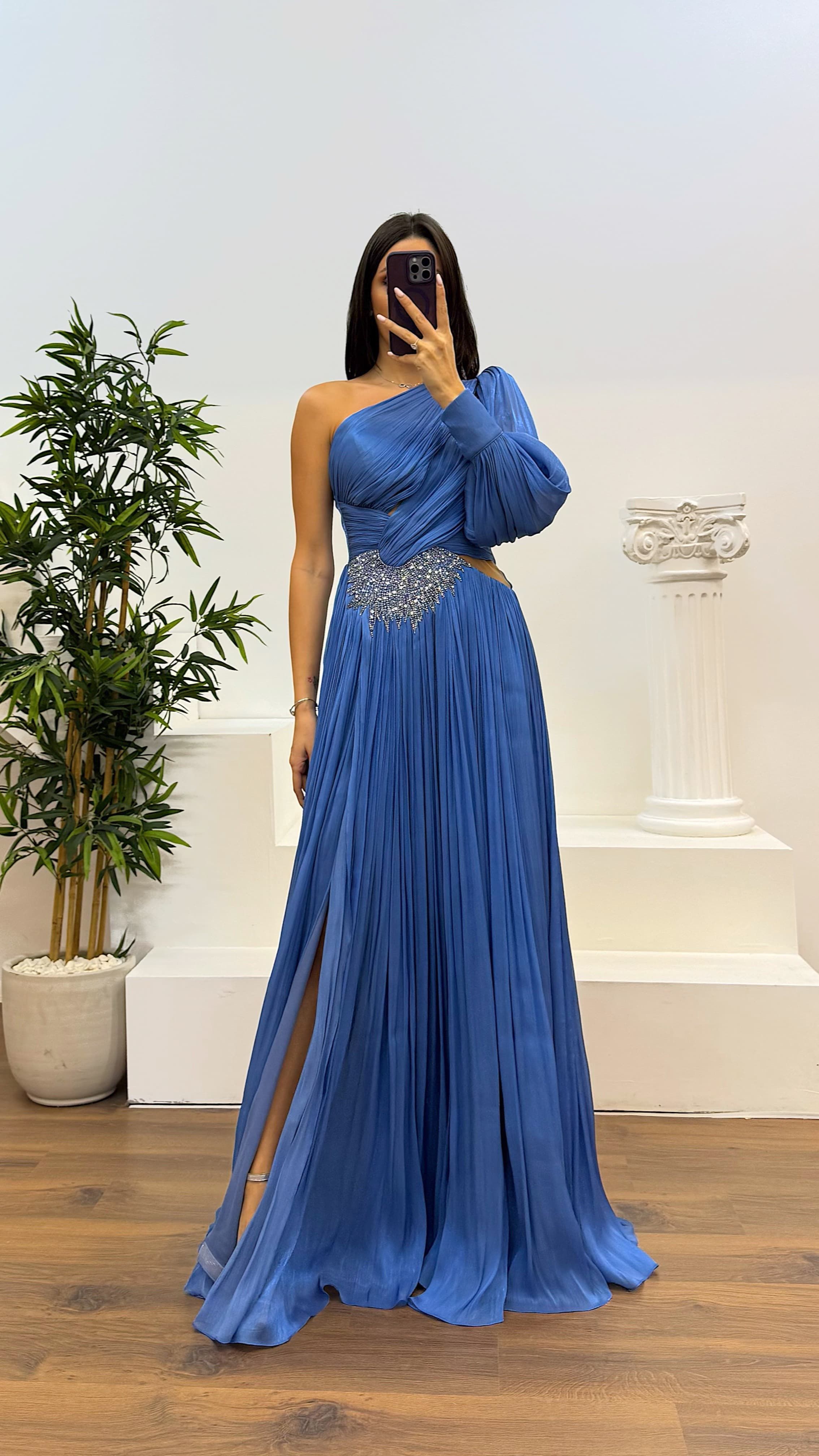 Single Sleeve Pleated Evening Dress