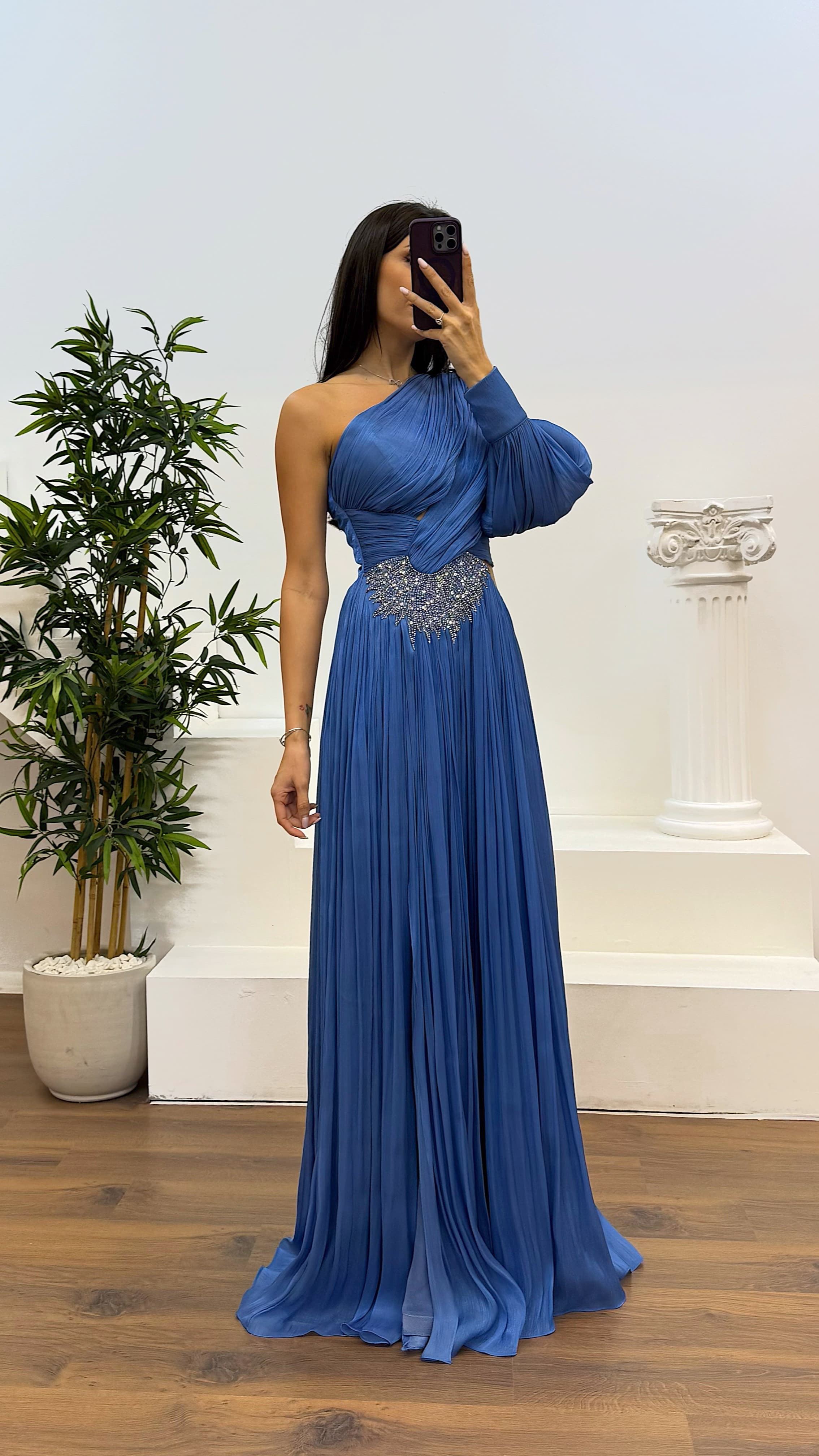 Single Sleeve Pleated Evening Dress