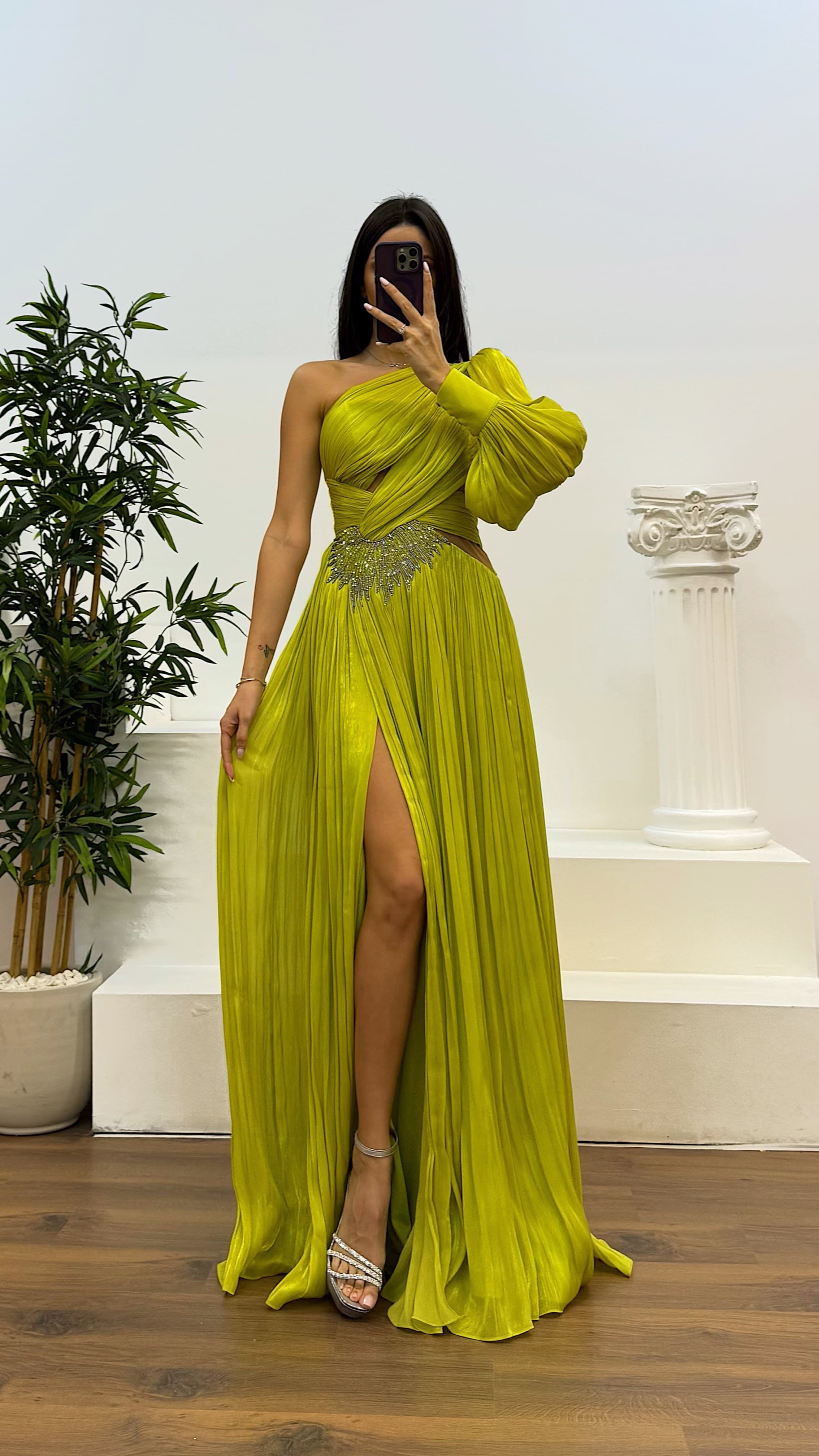 Single Sleeve Pleated Evening Dress