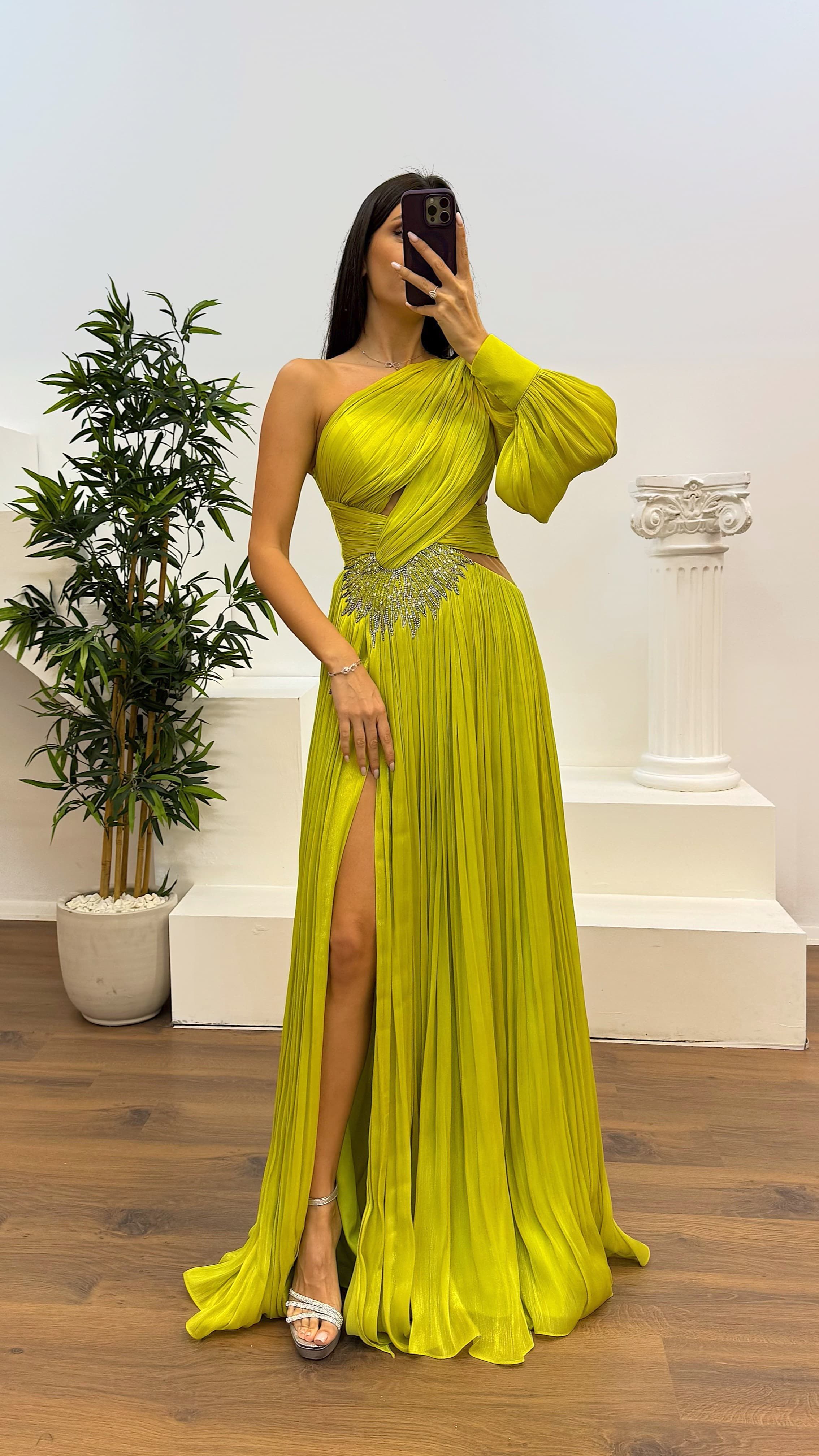Single Sleeve Pleated Evening Dress